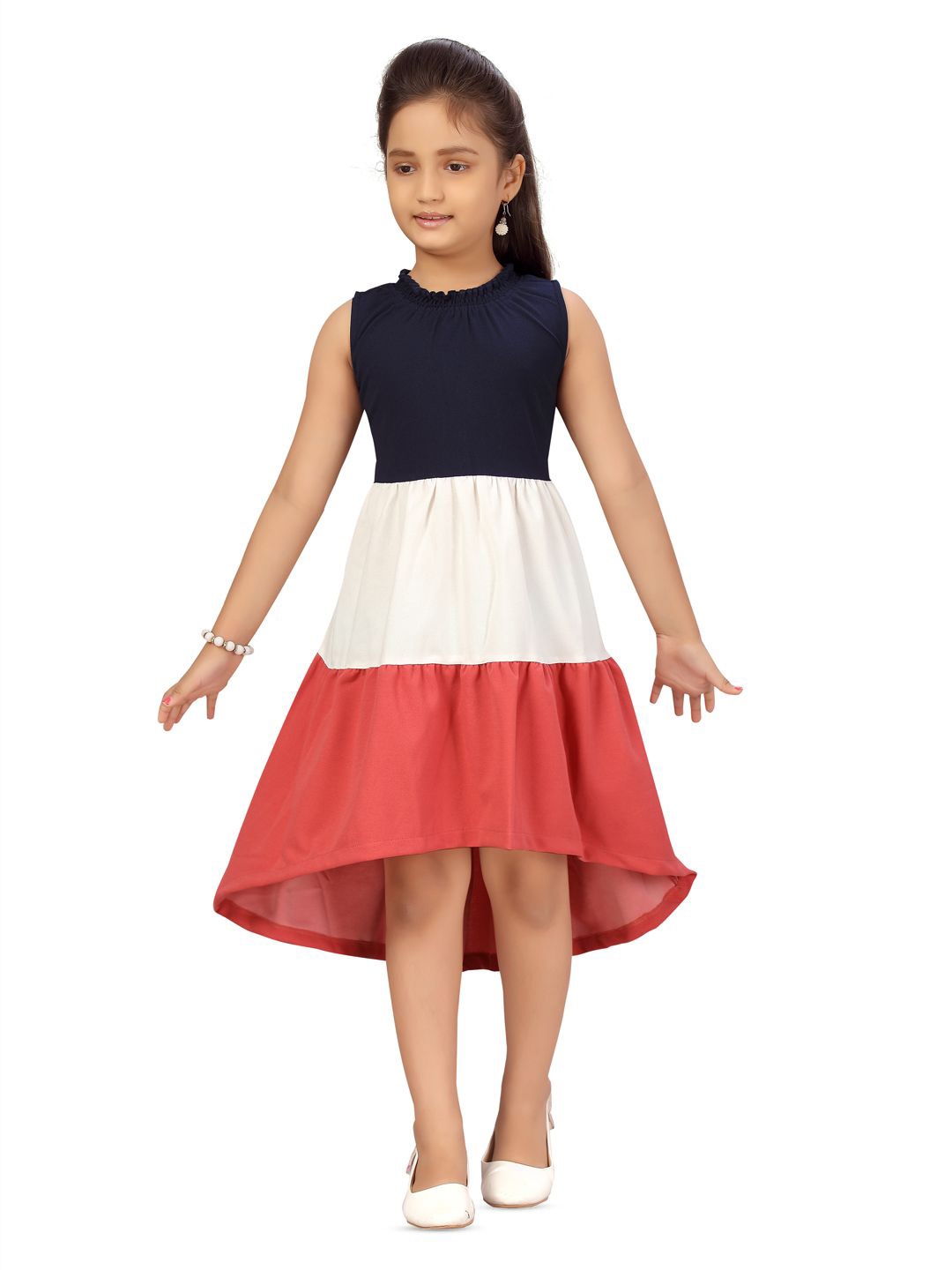 

BAESD Girls Colourblocked Sleeveless Cotton Fit & Flare Dress, Navy blue