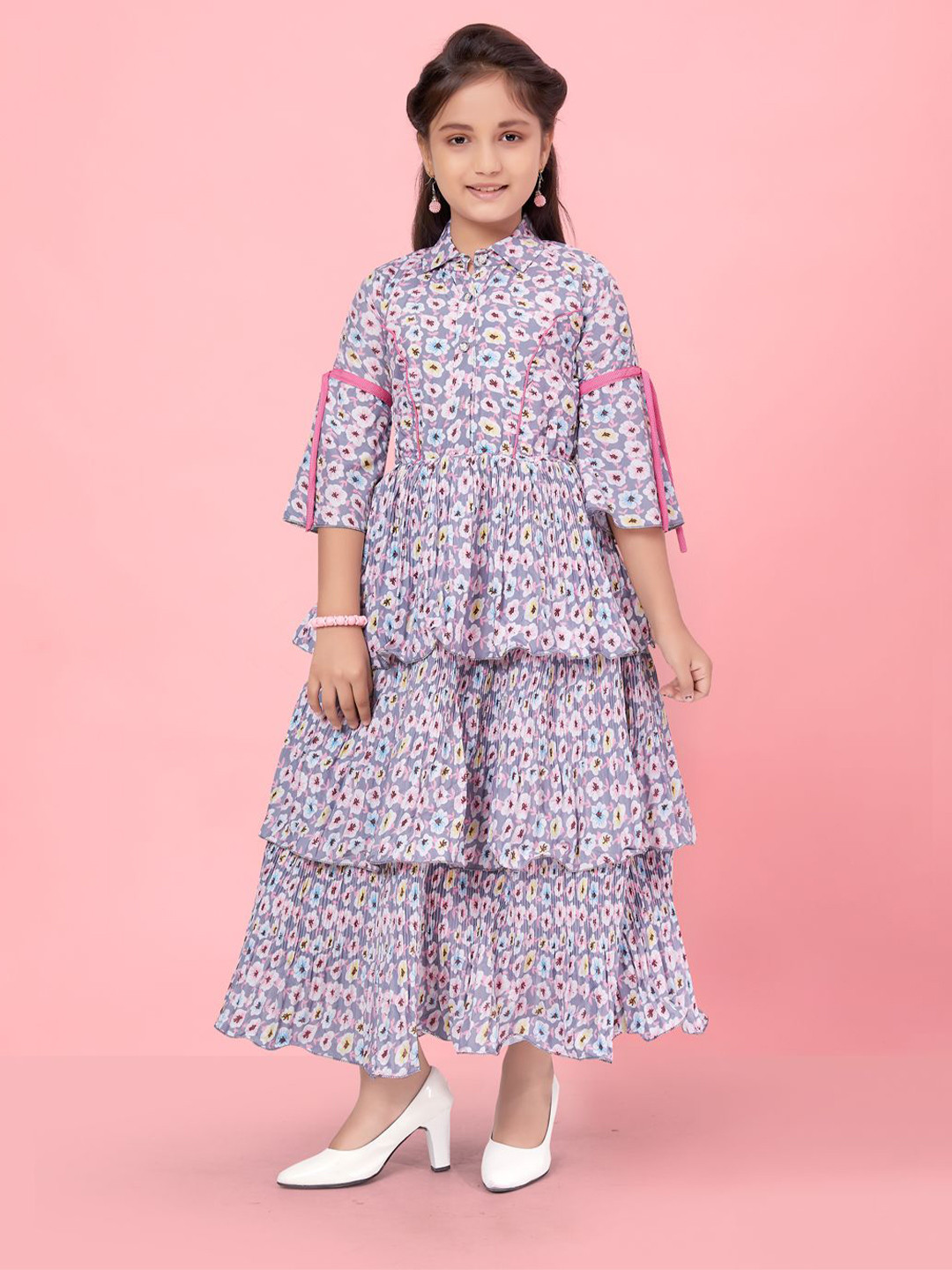

BAESD Girls Floral Printed Shirt Collar Cotton Maxi Dress, Pink