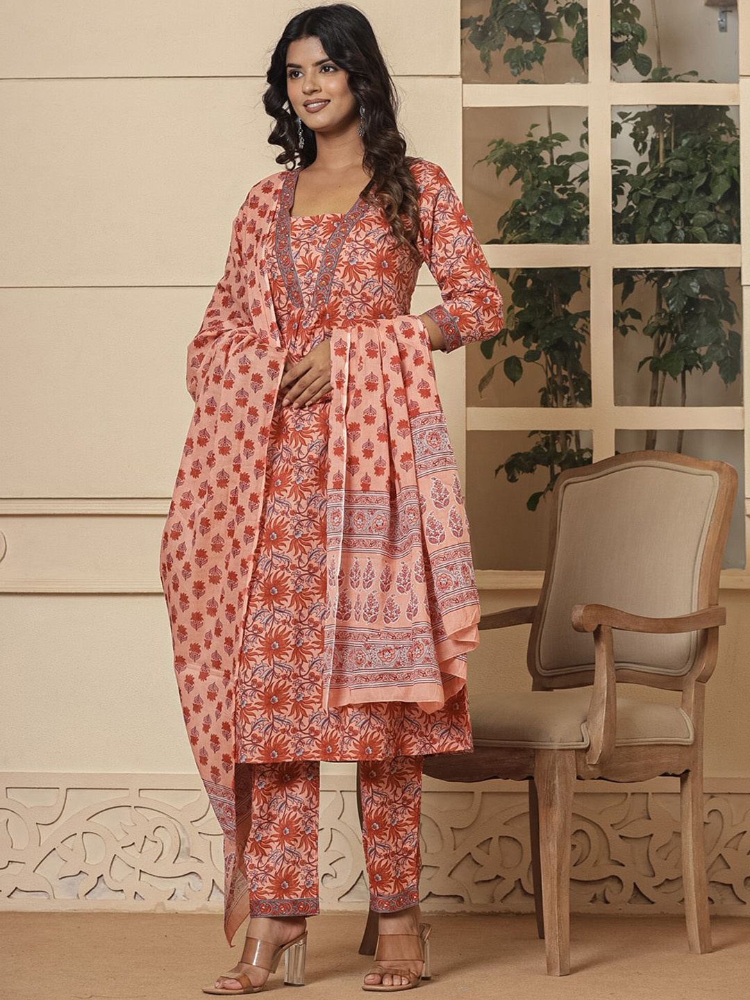 

Yufta Women Floral Printed Regular Sequinned Pure Cotton Kurta with Trousers & With Dupatta, Peach