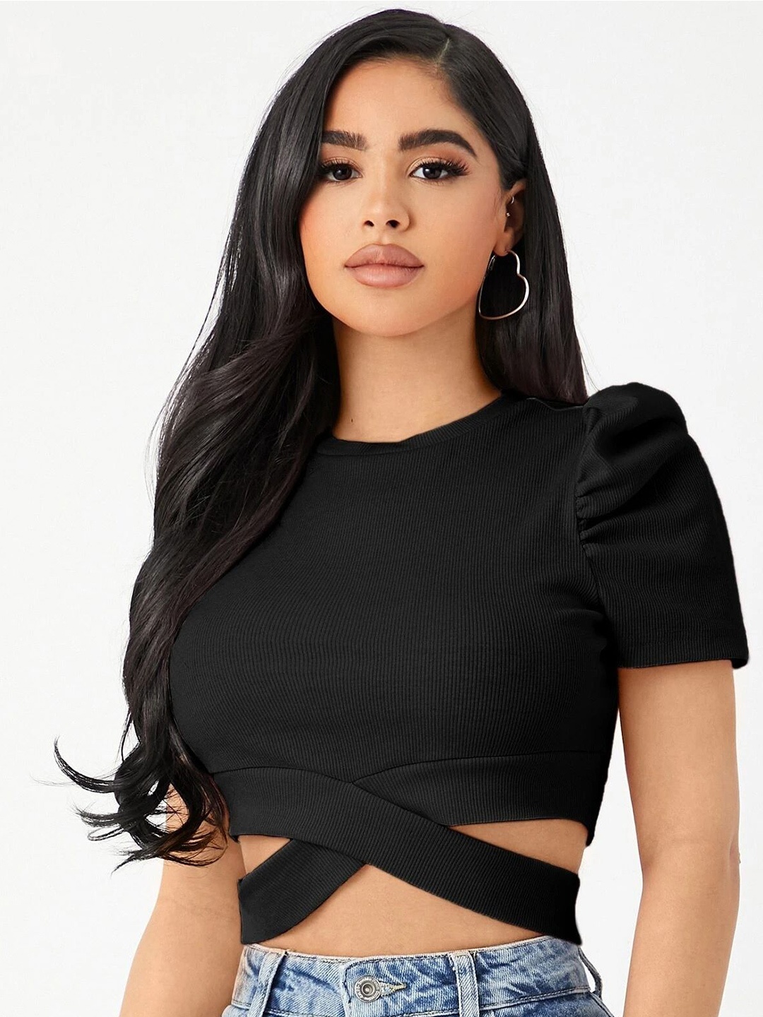 

Stylecast X Slyck Puff Sleeve Crop Top, Black