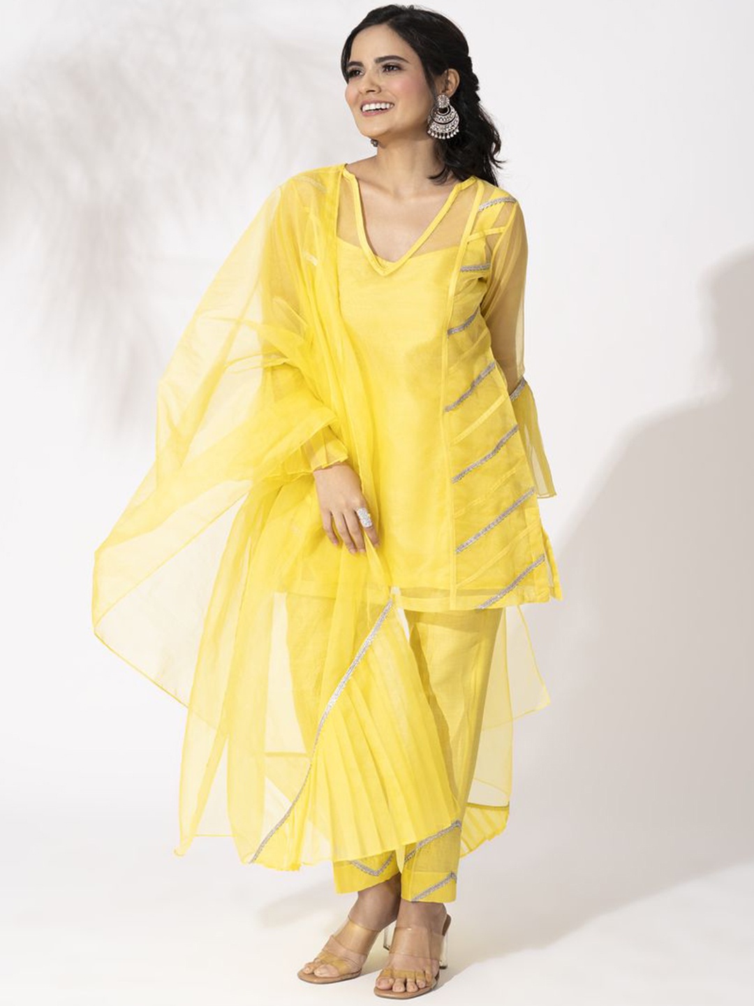 

The Aarya Embroidered Gotta Patti Bell Sleeves A Line Kurti with Trousers & Dupatta, Yellow