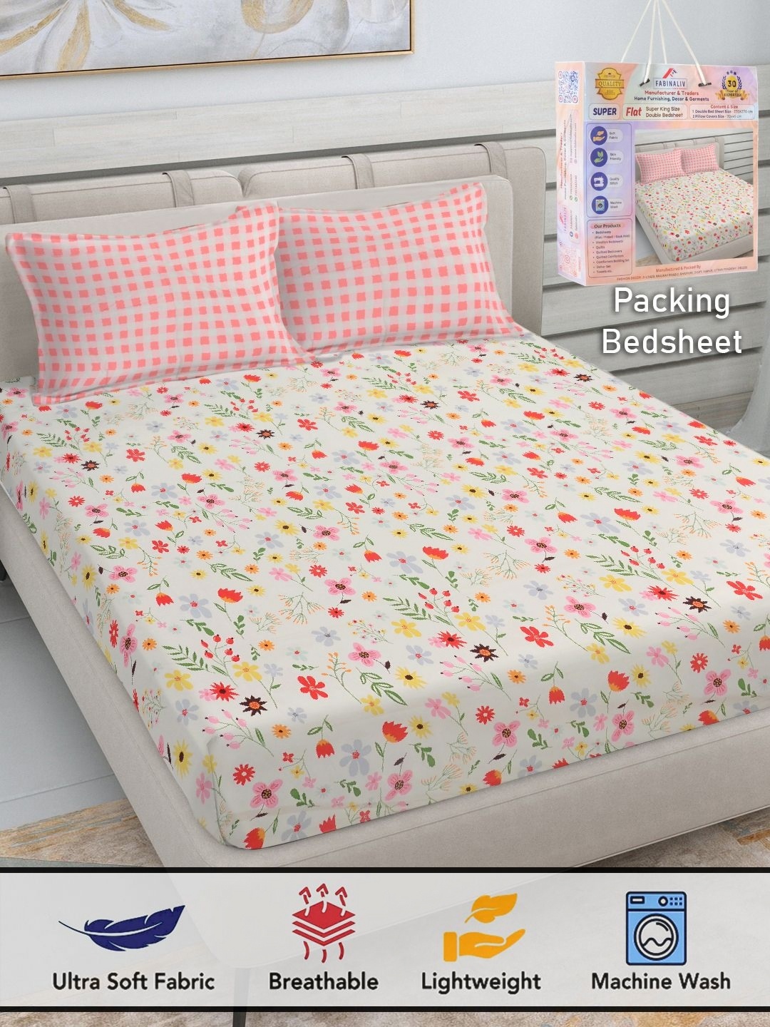 

FABINALIV White & Green Floral 300 TC King Bedsheet with 2 Pillow Covers