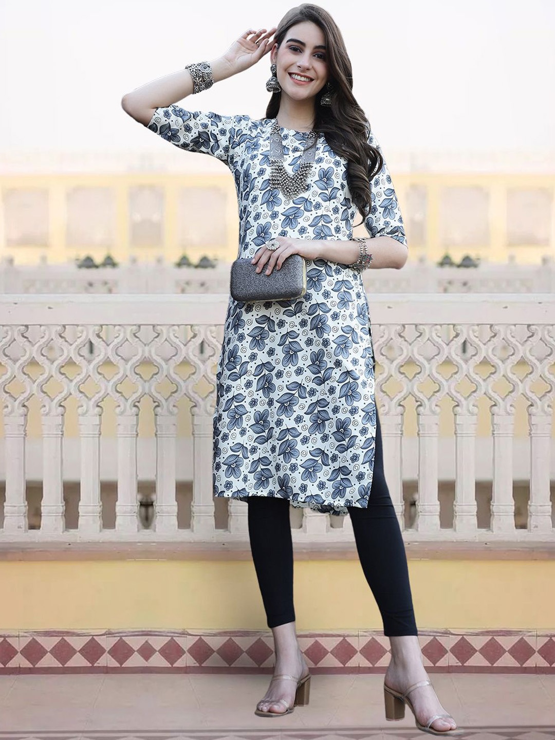 

KALINI Floral Printed Round Neck Crepe Straight Kurta, Blue