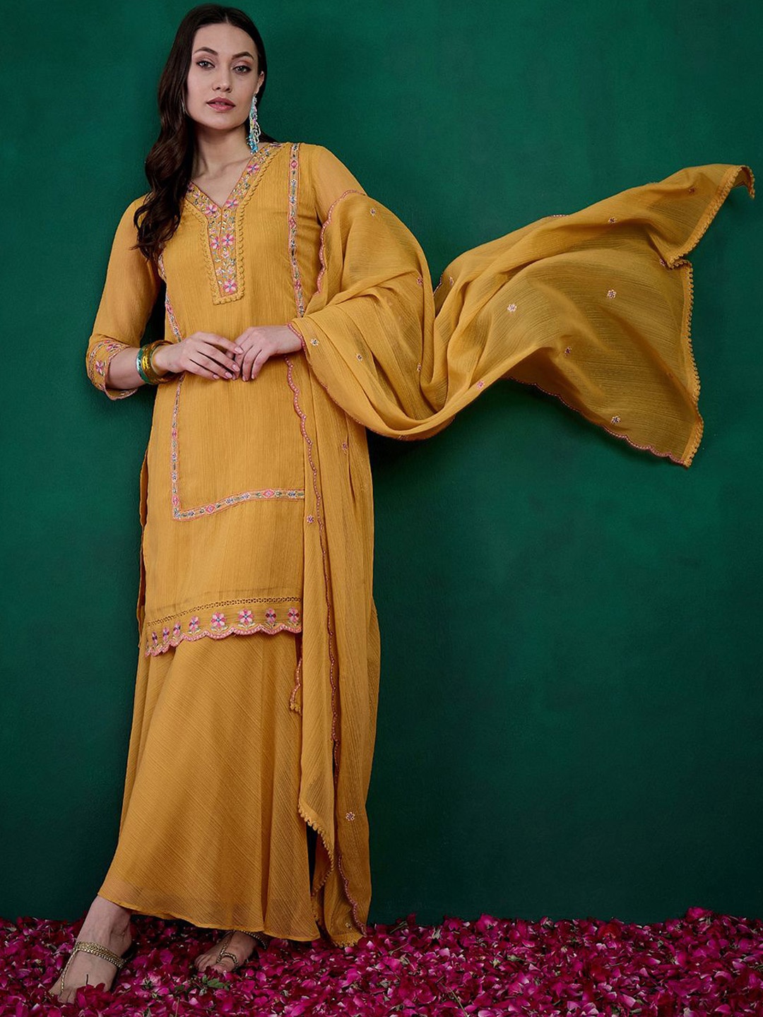 

Sangria Embroidered Kurta With Palazzo & Dupatta, Orange
