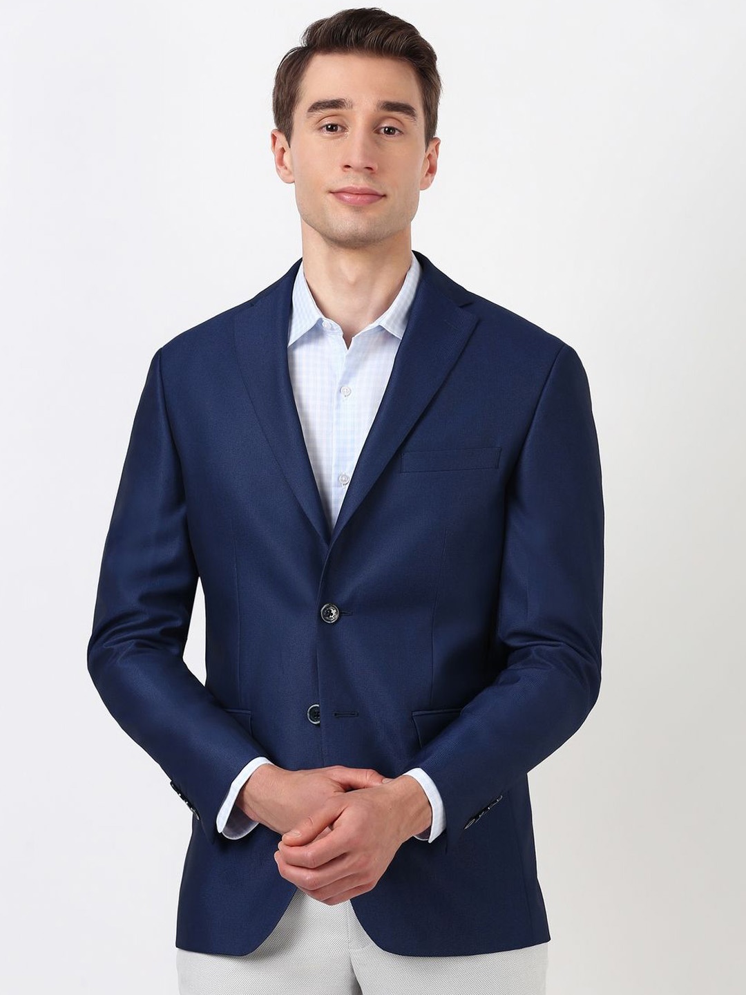 

Peter England Elite Self Design Slim-Fit Single-Breasted Formal Blazer, Navy blue