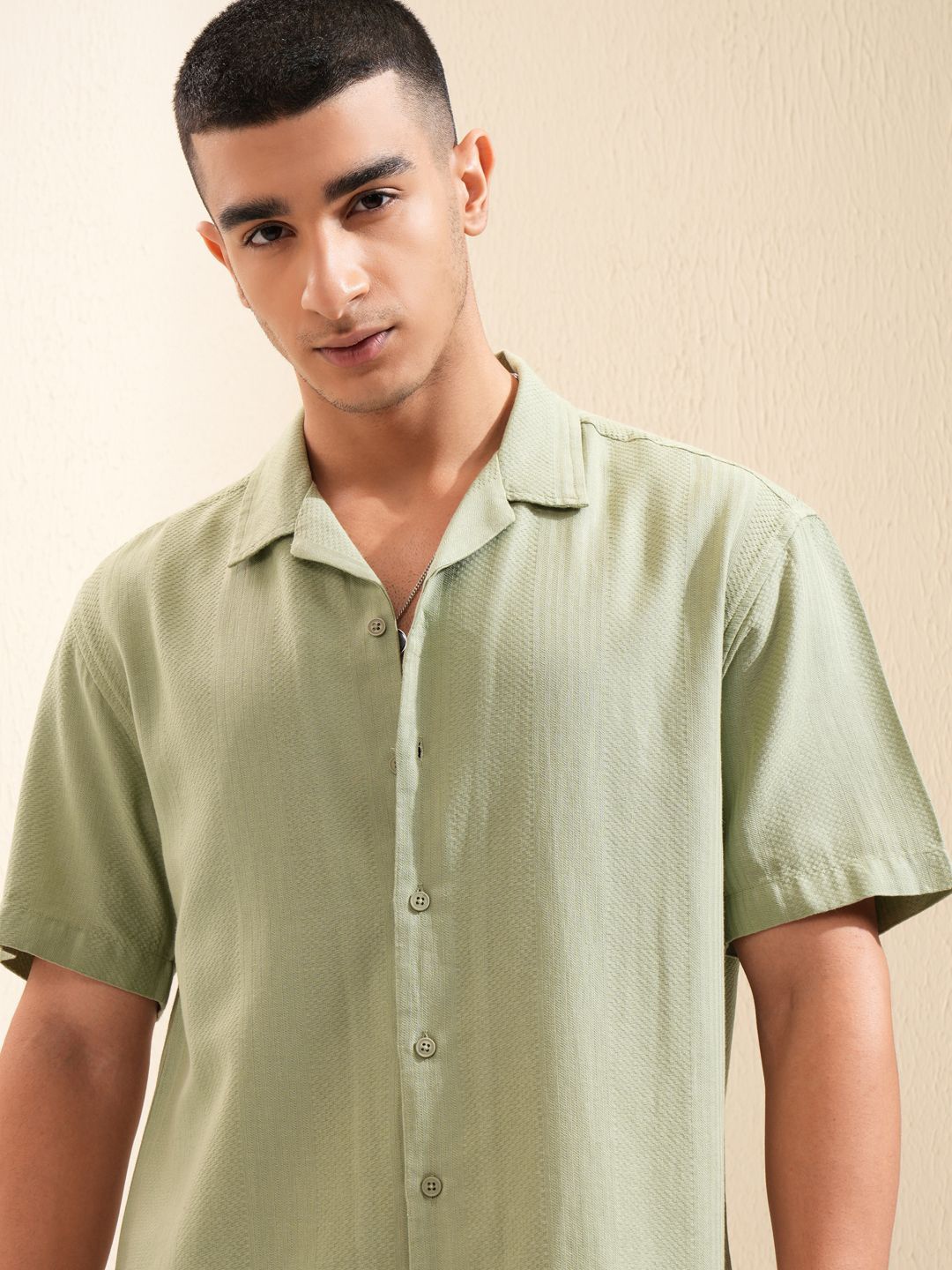 

Highlander Men Waffle Dobby Textured Solid Cuban Collar Relaxed Shirt, Green
