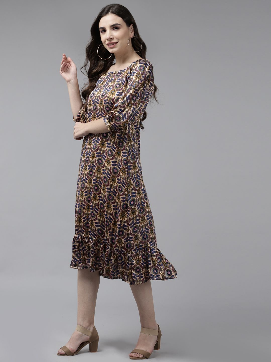 

BAESD Floral Print Bell Sleeve Georgette Fit & Flare Midi Dress, Multi