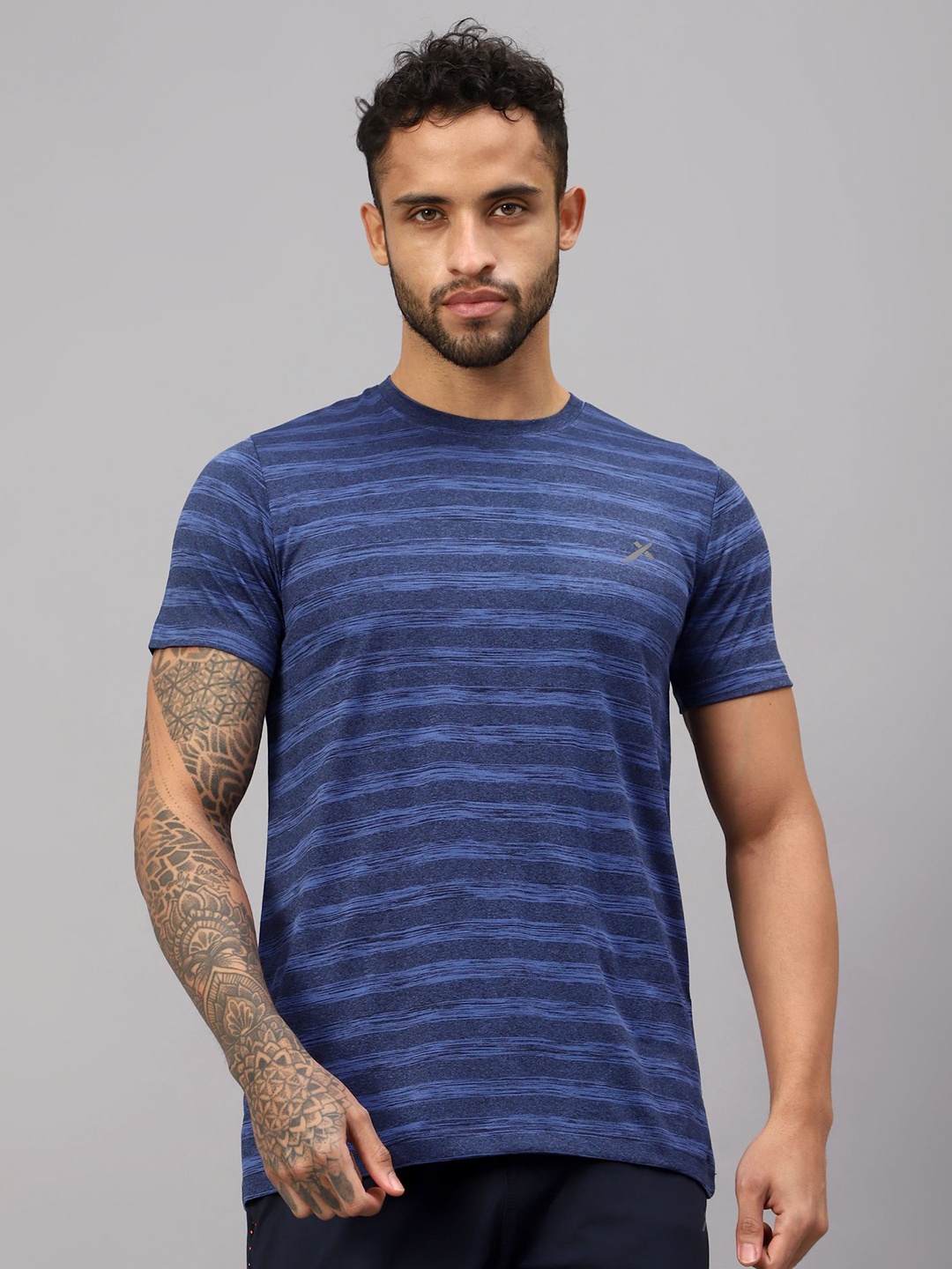 

VECTOR X Men Striped Round Neck T-Shirt, Navy blue