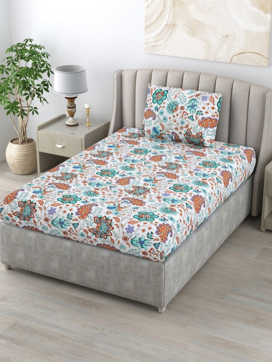

BOMBAY DYEING Cardinal Green & White Floral 120 TC Pure Cotton Single Bedsheet Set
