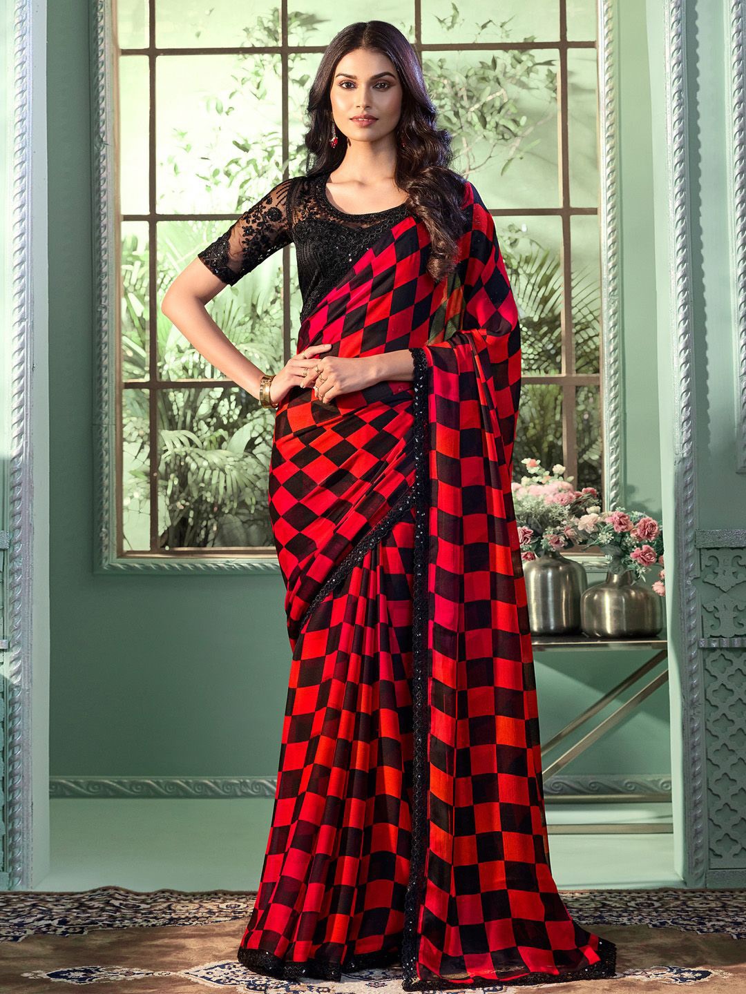 

Anouk Checked Embroidered Poly Chiffon Saree, Orange