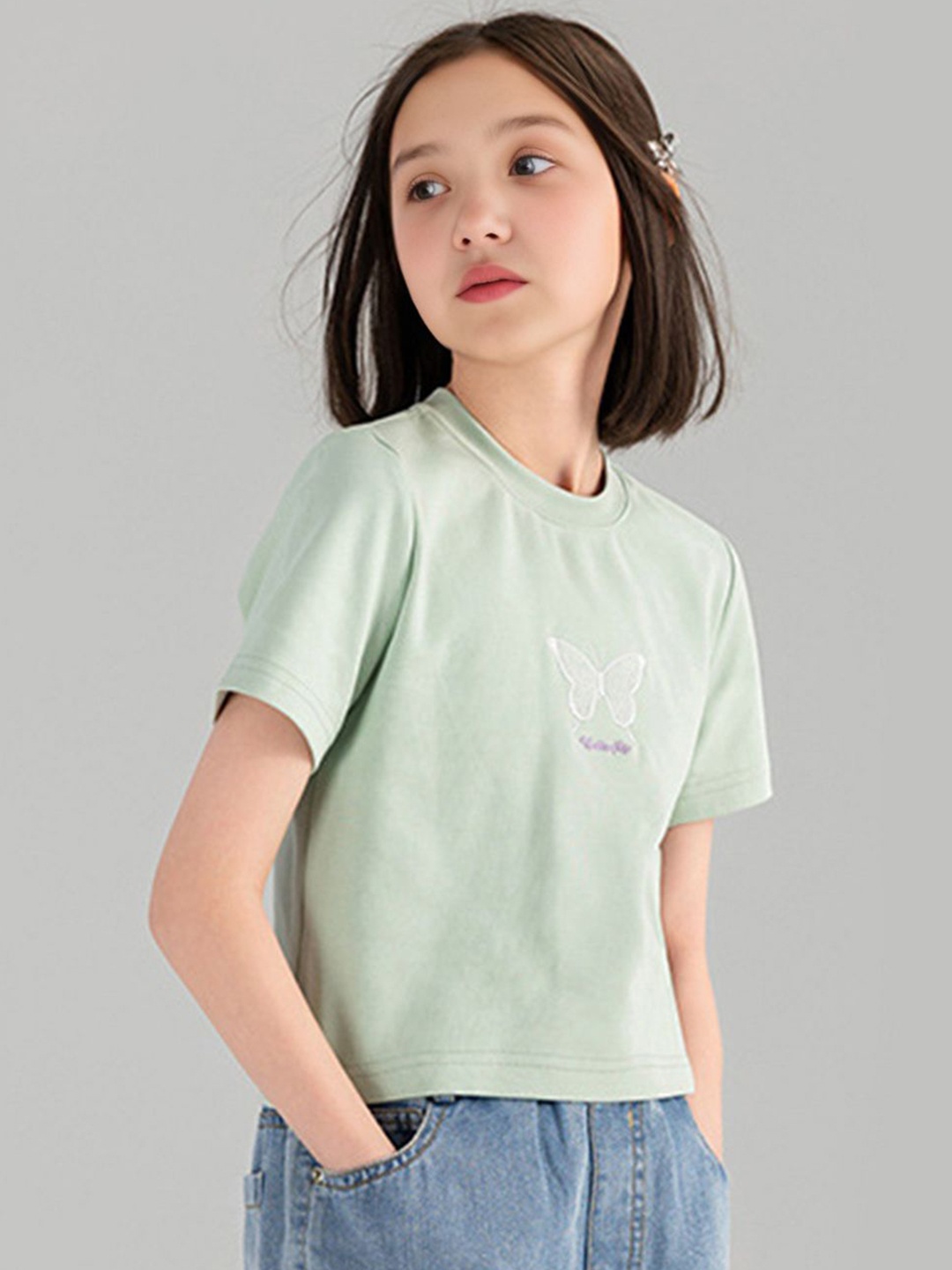

INCLUD Girls Solid Round Neck Cotton T-Shirt, Green