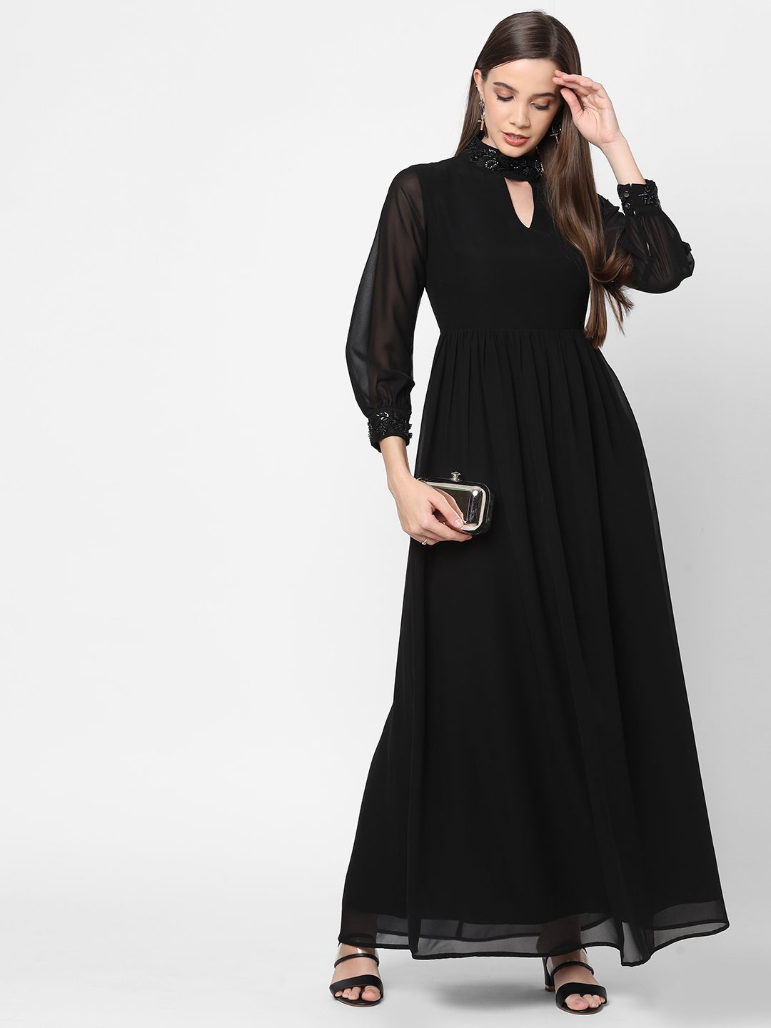 

MISH Choker Neck Puff Sleeve Georgette Maxi Dress, Black