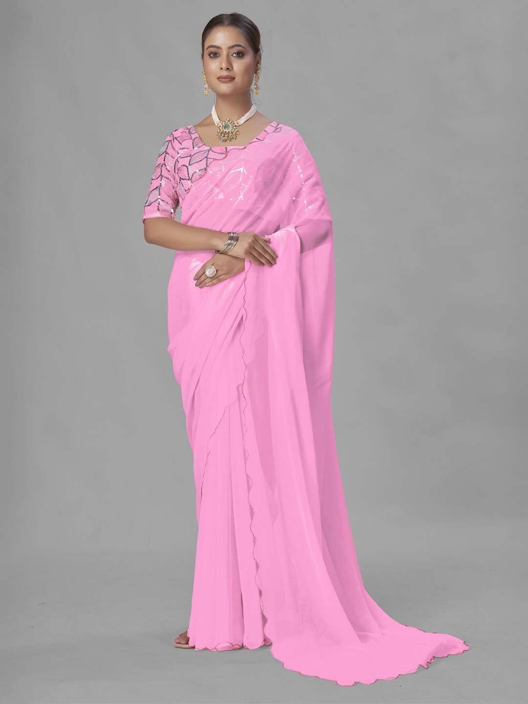 

JULEE Embroidered Pure Georgette Saree, Pink