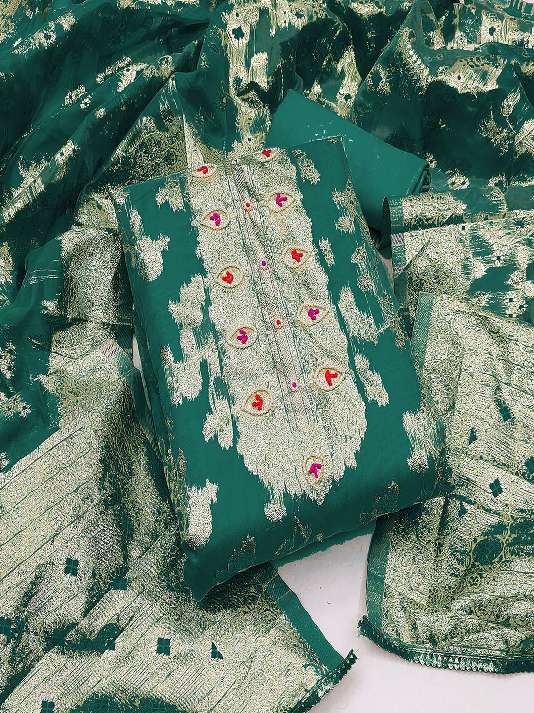

Lilots Organza Unstitched Dress Material, Green