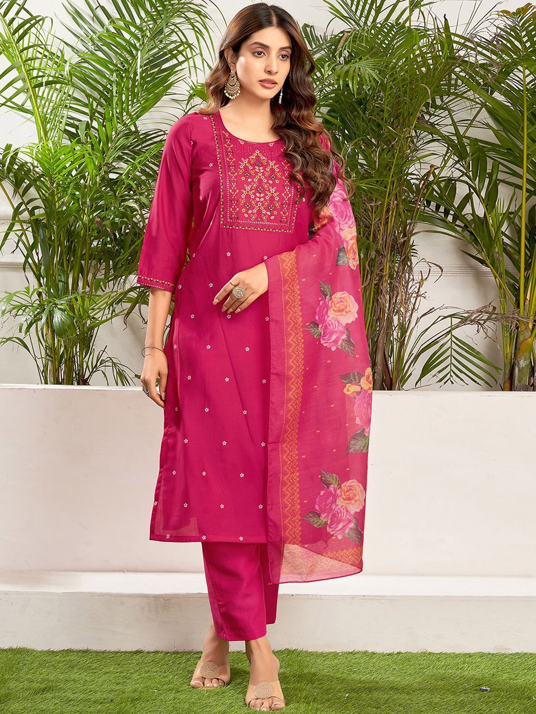 

SKYLEE Floral Embroidered Sequinned Straight Kurta with Trousers & Dupatta, Pink