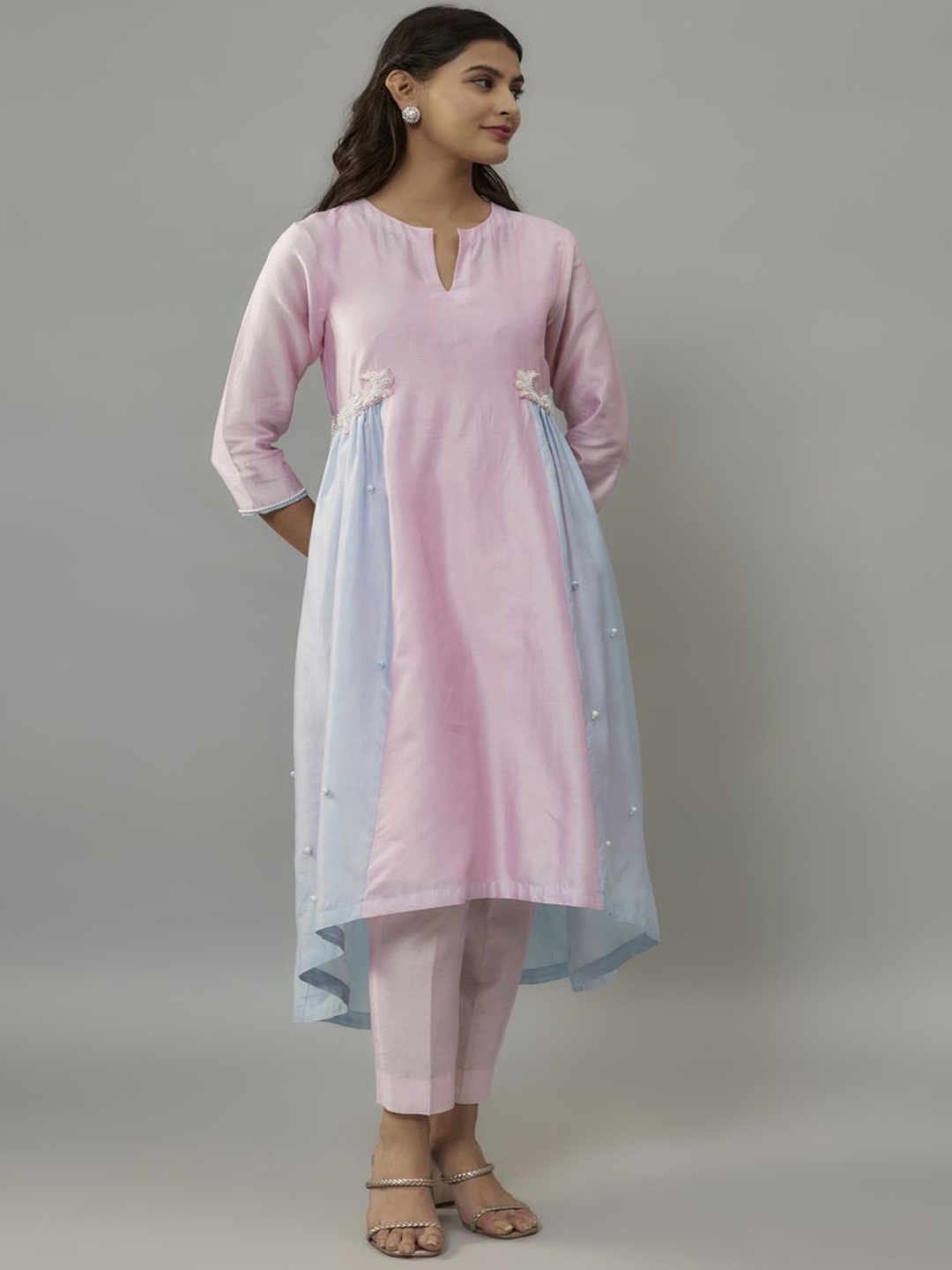 

The Aarya Colourblocked Beads & Stones Notch Neck A Line Kurta with Trousers, Pink