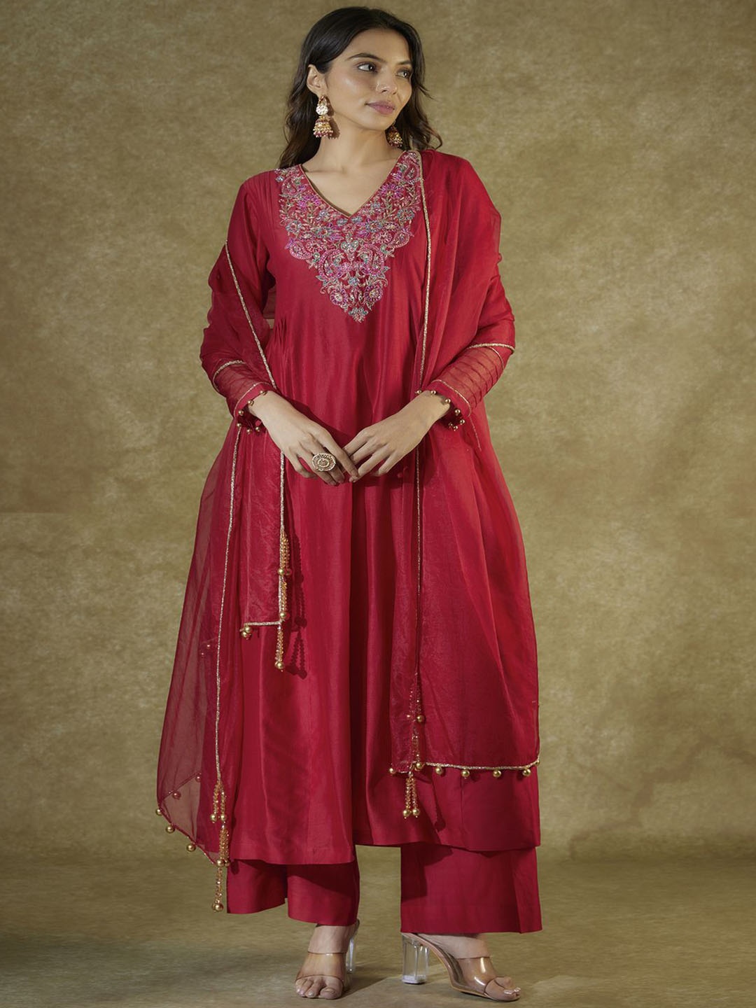 

The Aarya Yoke Design Zardozi Chanderi Cotton Anarkali Kurta with Palazzos & With Dupatta, Red