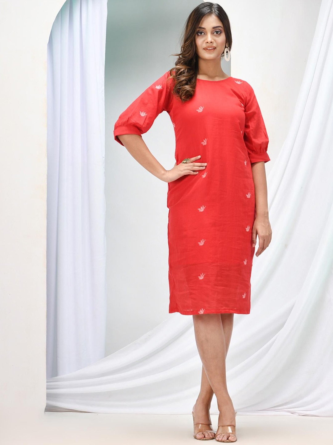 

Angoshobha Floral Print Cotton Puff Sleeve A-Line Dress, Red