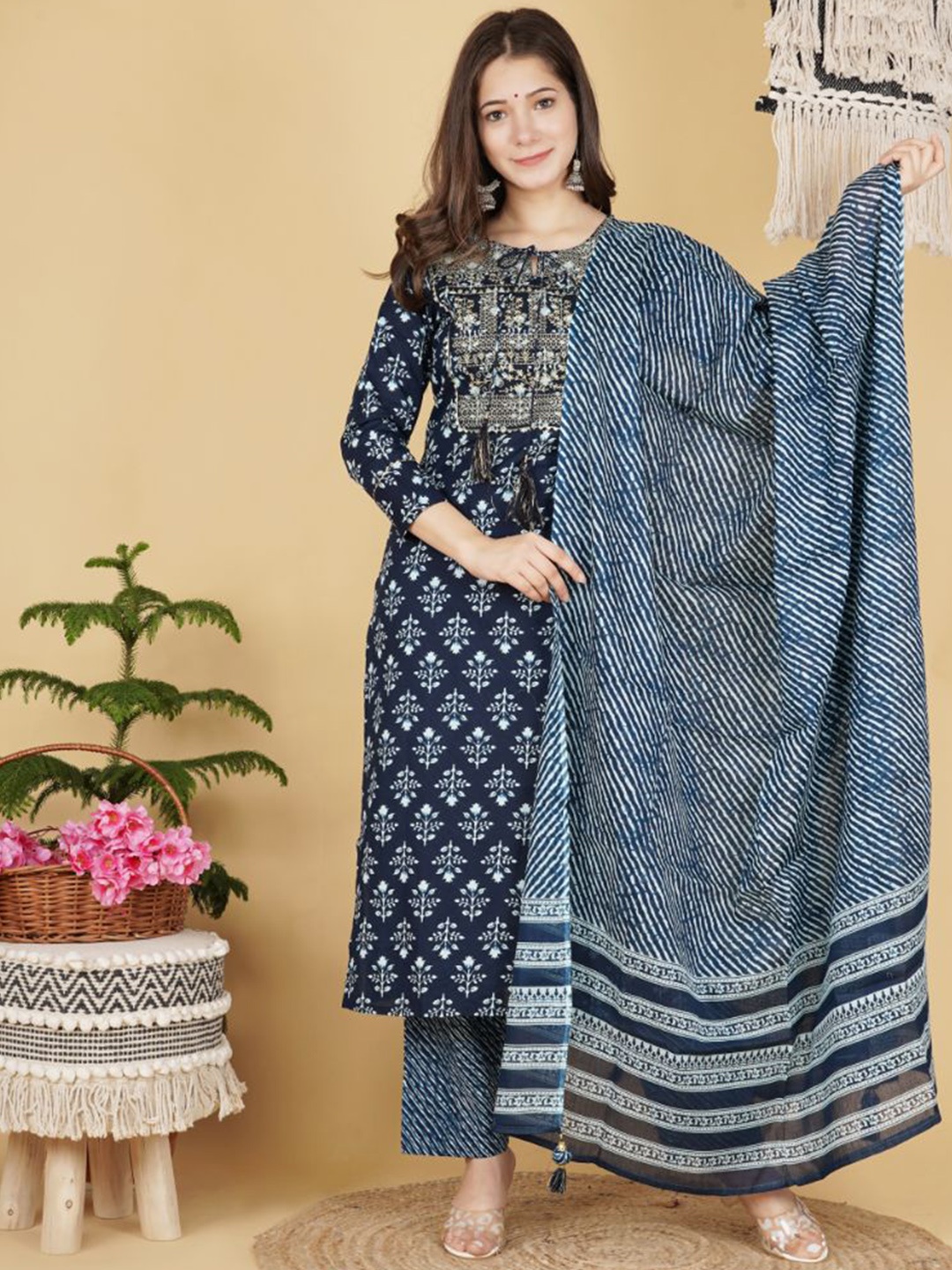 

KALINI Floral Printed Tie-Up Neck Pure Cotton Straight Kurta With Trousers & Dupatta, Blue