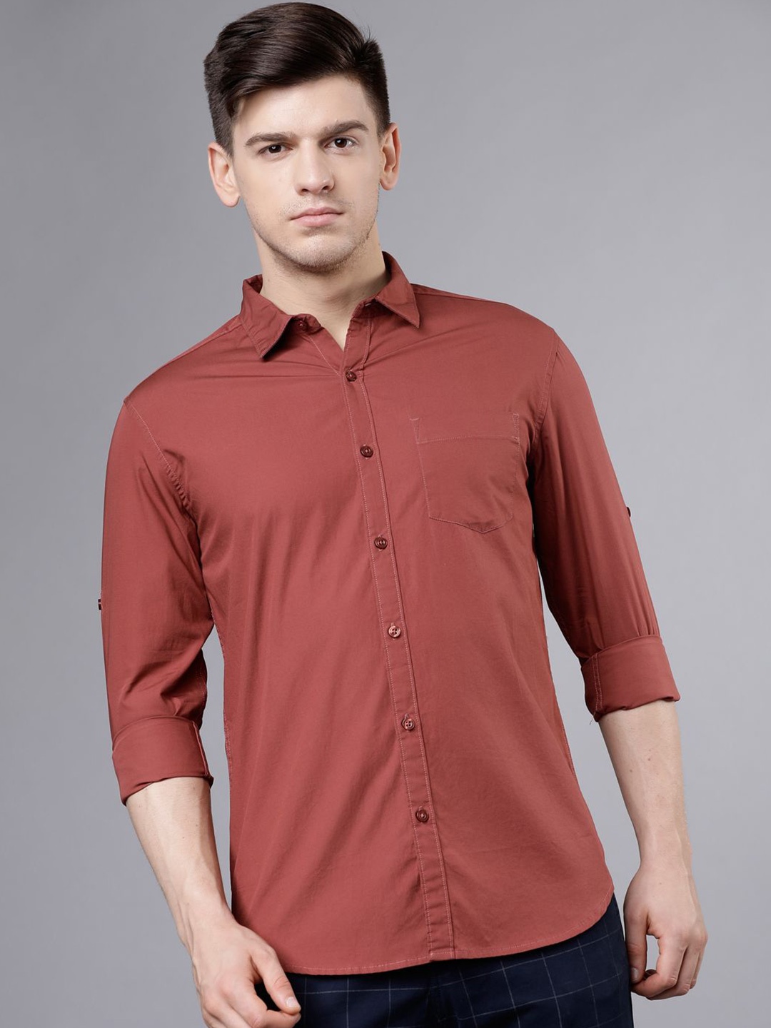 

HIGHLANDER Men Slim Fit Opaque Casual Shirt, Rust