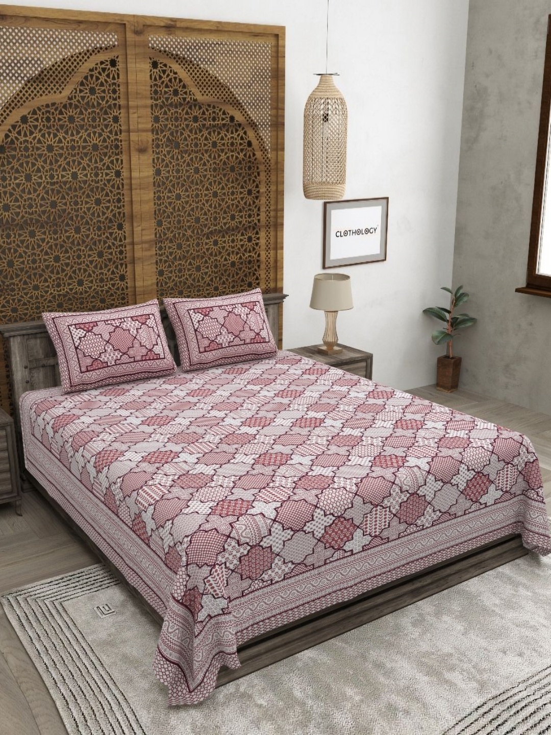 

CLOTHOLOGY Brown & White Geometric 180 TC Cotton King Bedsheet with 2 Pillow Covers