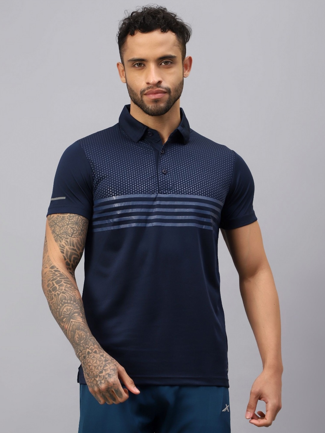 

VECTOR X Men Striped Polo Collar T-Shirt, Navy blue