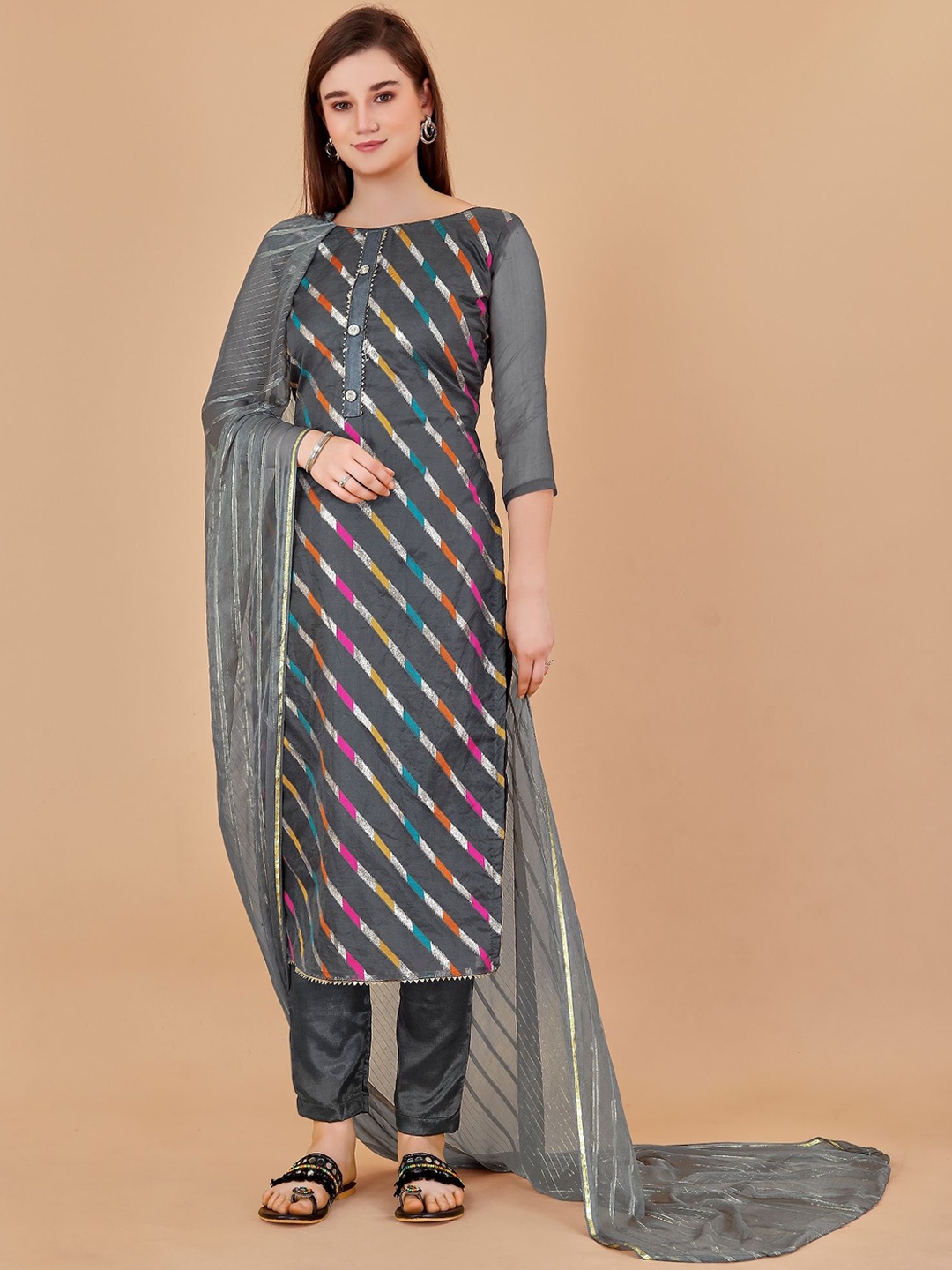 

LADY SHOPI Floral Embroidered Unstitched Dress Material, Grey