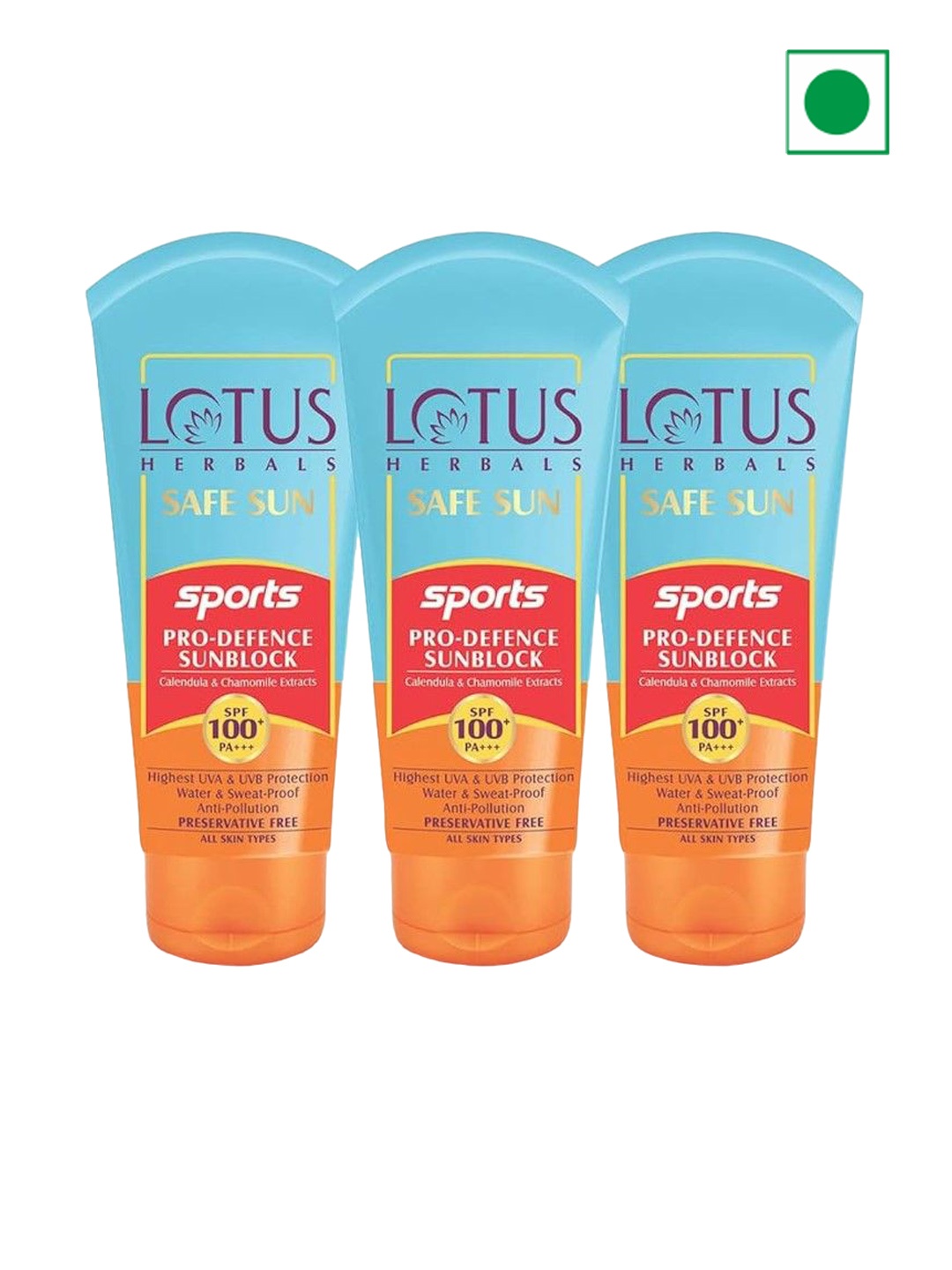 

Lotus Herbals Safe Sun Set Of 3 Sports Pro-Defence Sunblock SPF 100 Sunscreen - 80g Each, Blue