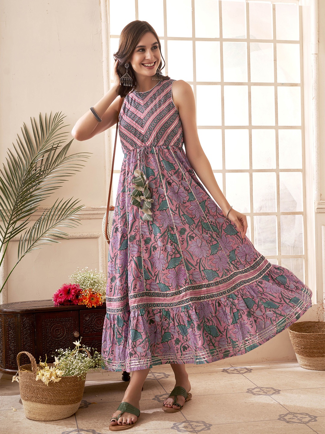

Anouk Ethnic Motifs Print A-Line Midi Dress, Pink