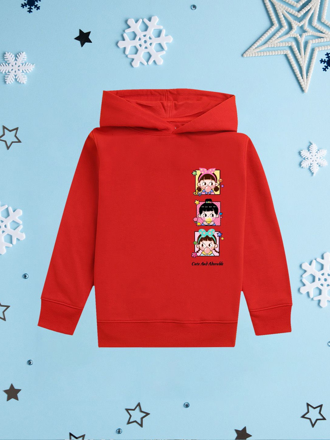

NUSYL Girls Graphic Printed Hooded Sweatshirt, Red