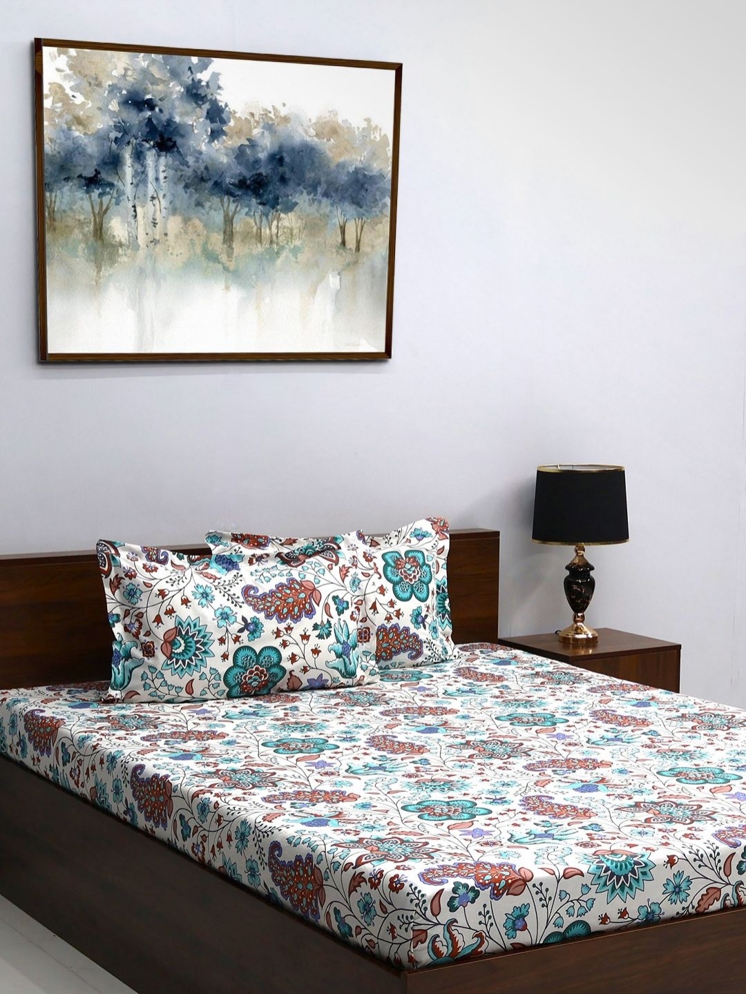 

BOMBAY DYEING Cardinal Green & White Floral 120 TC Pure Cotton Queen Bedsheet Set