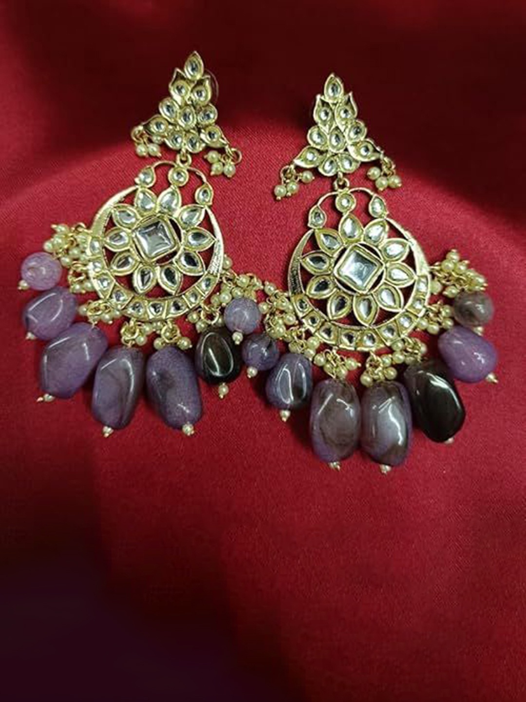 

BDIVA 18K Gold Plated Contemporary Chandelier Kundan Studded Amethyst Drop Earrings