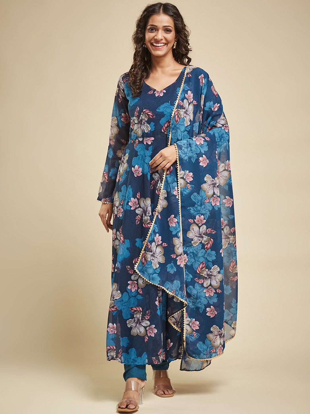 

KALINI Floral Printed V-Neck Anarkali Kurta With Trousers & Dupatta, Teal