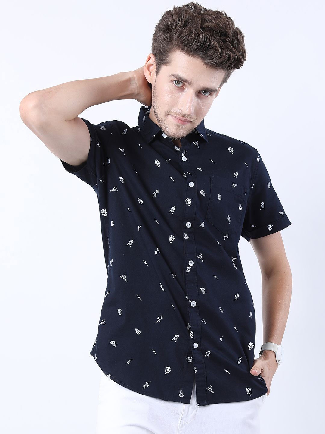 

HIGHLANDER Men Slim Fit Opaque Printed Casual Shirt, Navy blue