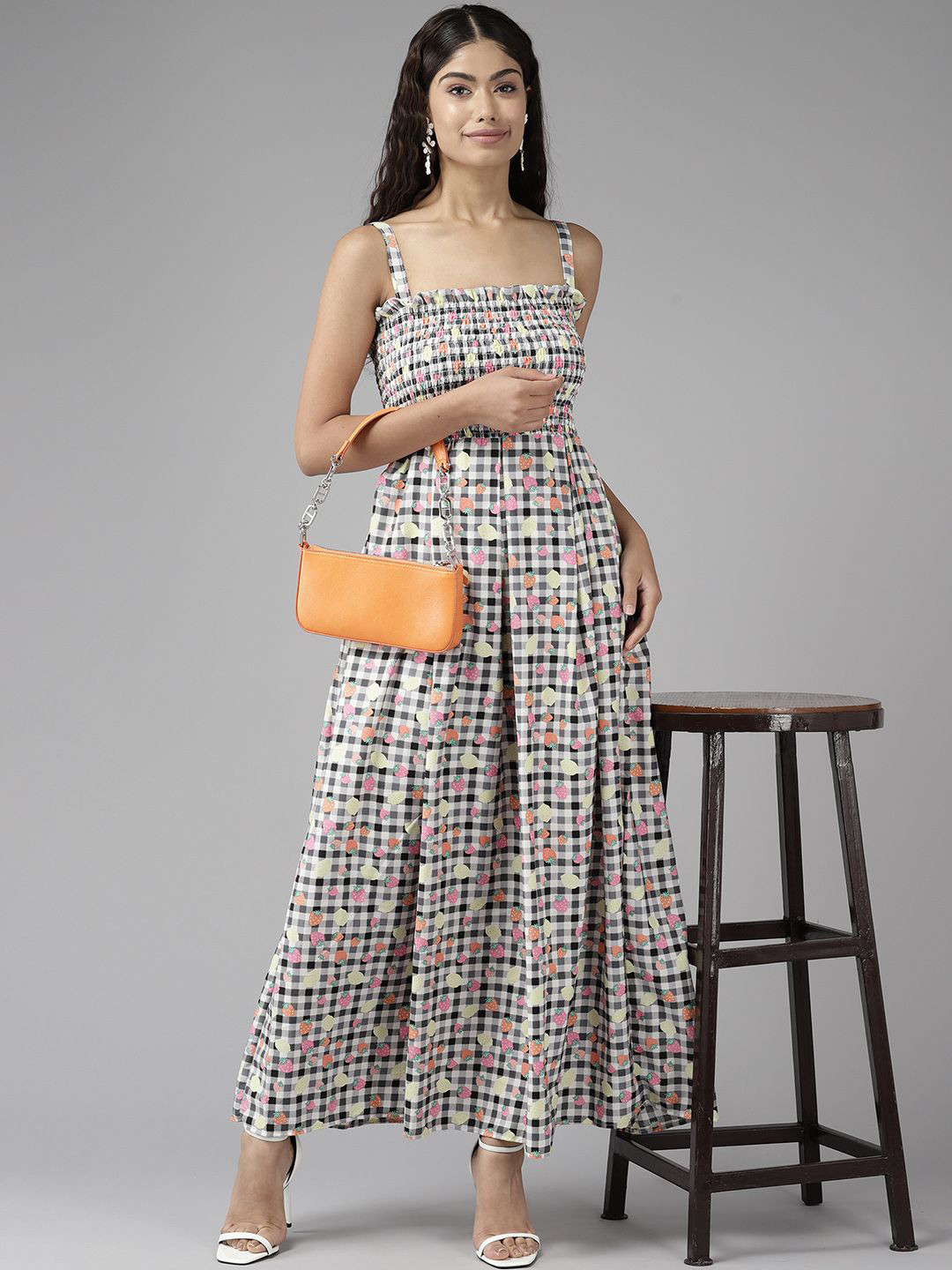 

BAESD Shoulder Strap Checked Maxi Dress, Black