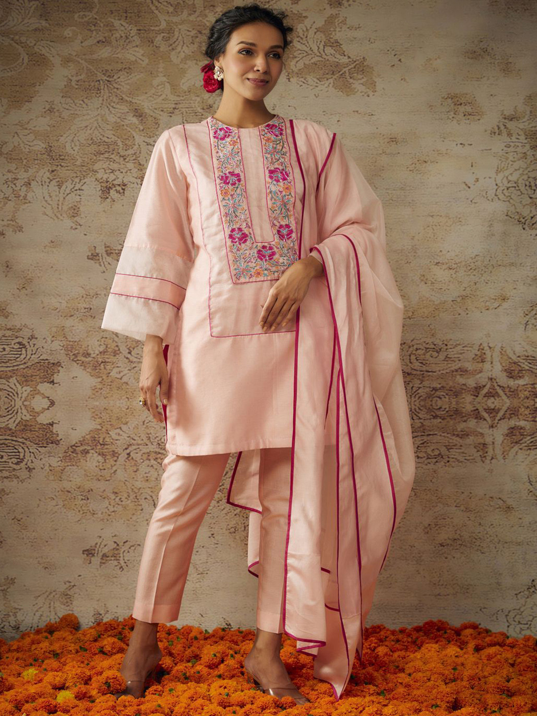 

The Aarya RIEKA Embroidered Yoke Design Thread Work Chanderi Kurta With Trousers & Dupatta, Peach