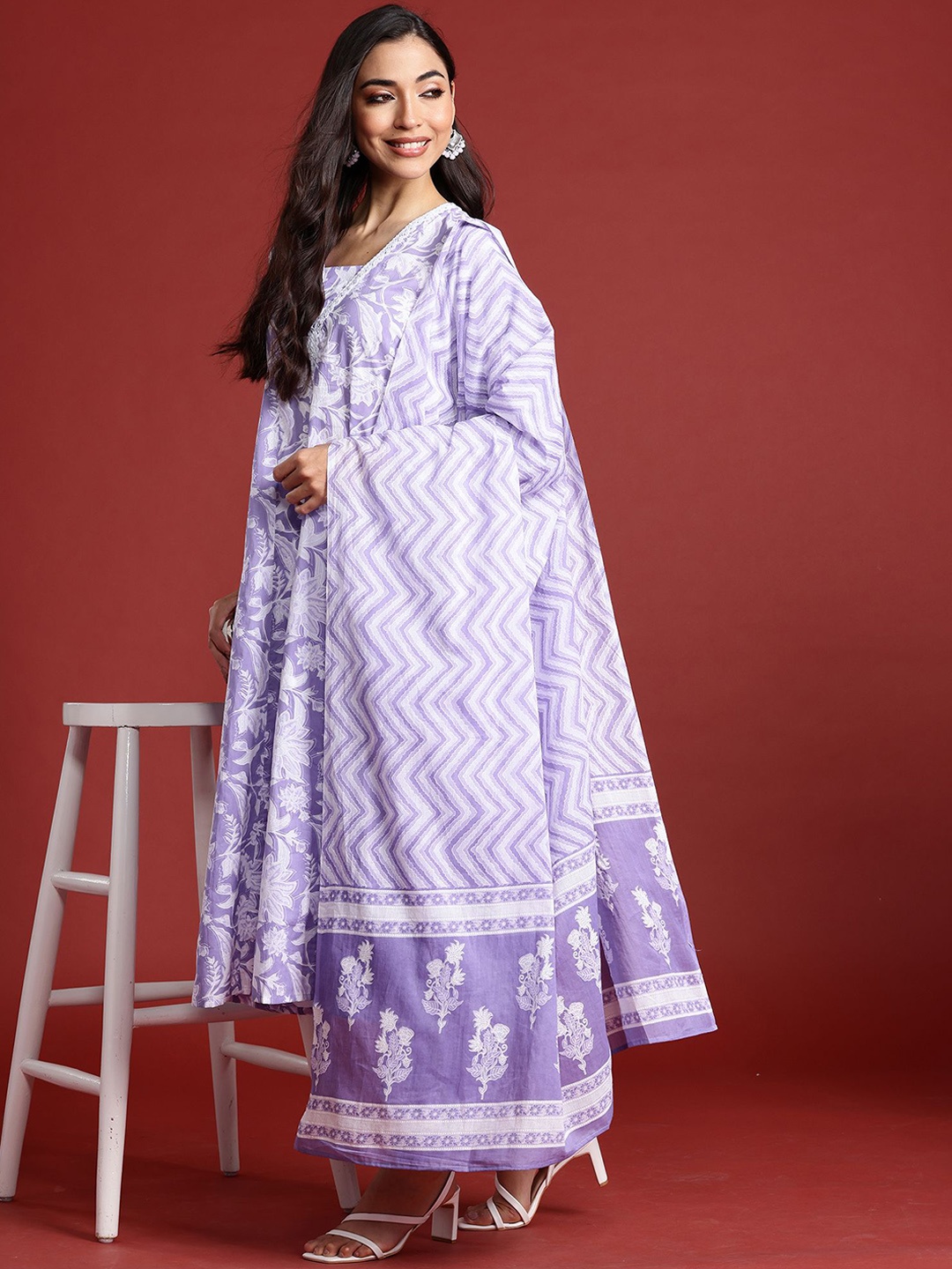 

Anouk Women Floral Printed Empire Pure Cotton Kurta with Trousers & With Dupatta, Lavender