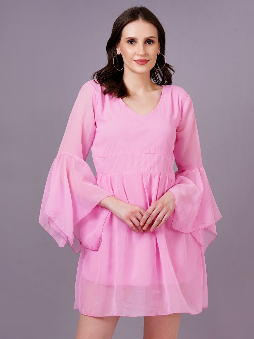 

KALINI Bell Sleeve Georgette Fit & Flare Dress, Pink