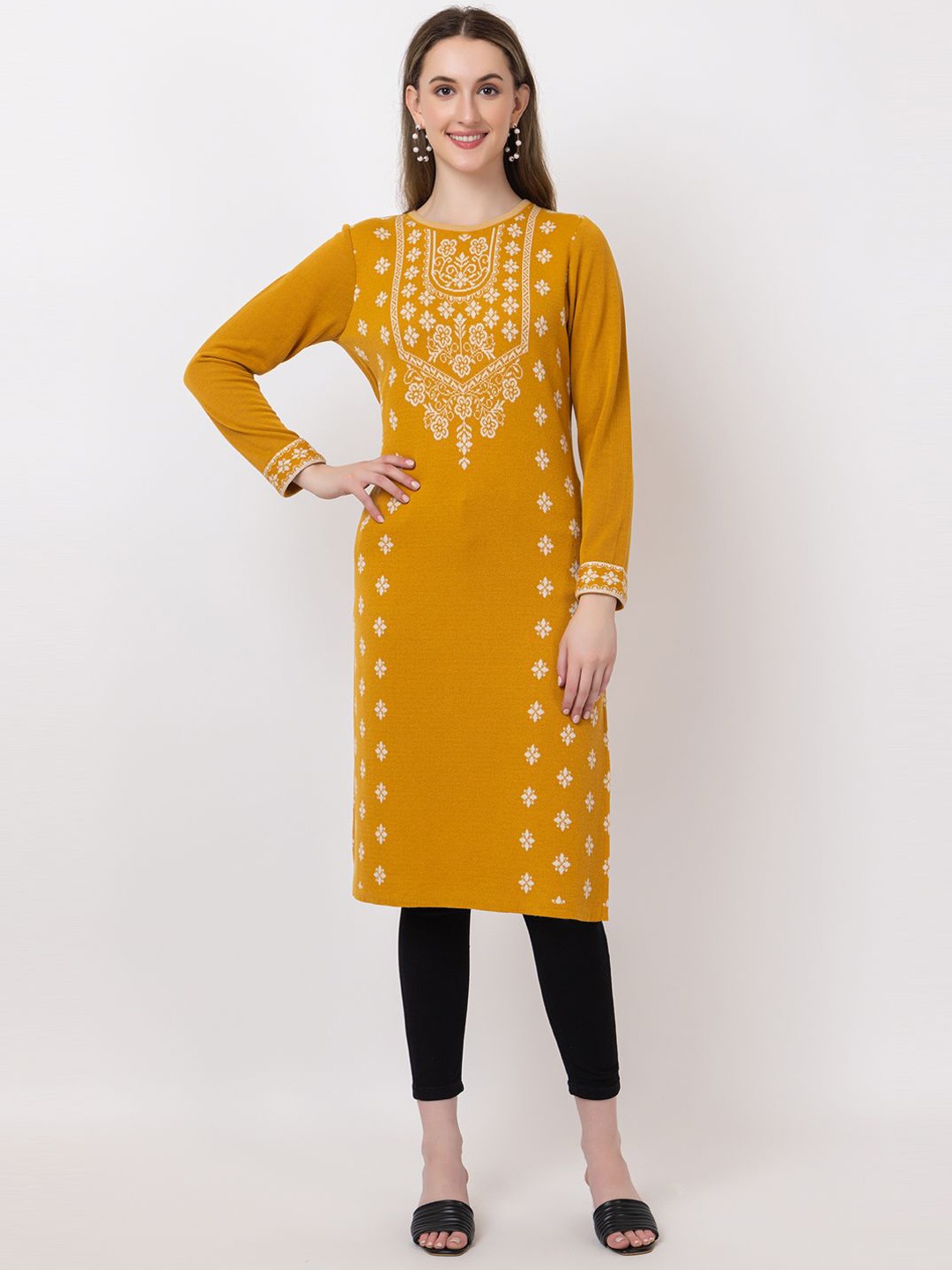 

Anouk Women Ethnic Motifs Embroidered Keyhole Neck Thread Work Jacquard Winter Wear Kurta, Mustard