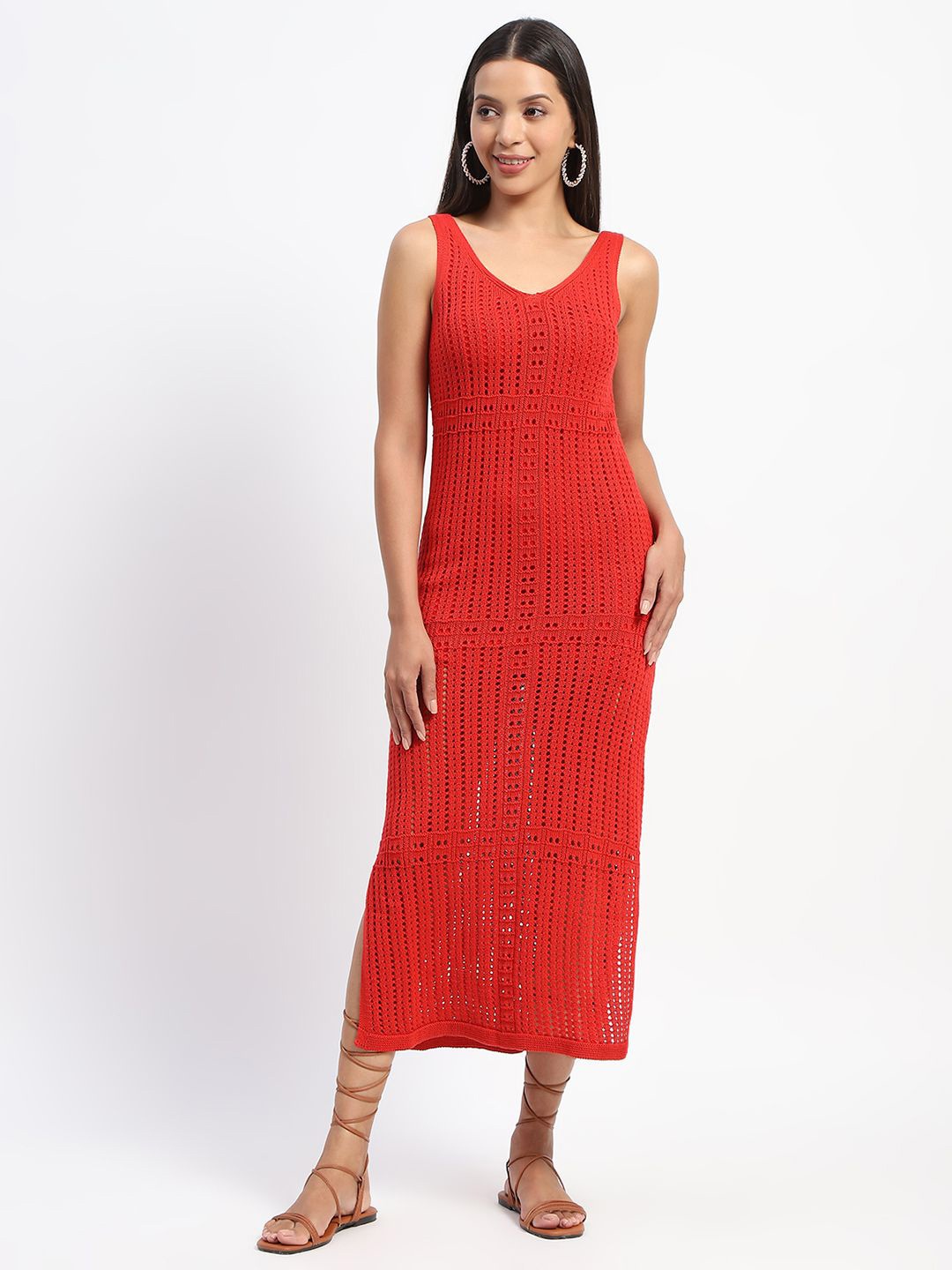 

Madame Self Design Cotton Sheath Midi Dress, Red