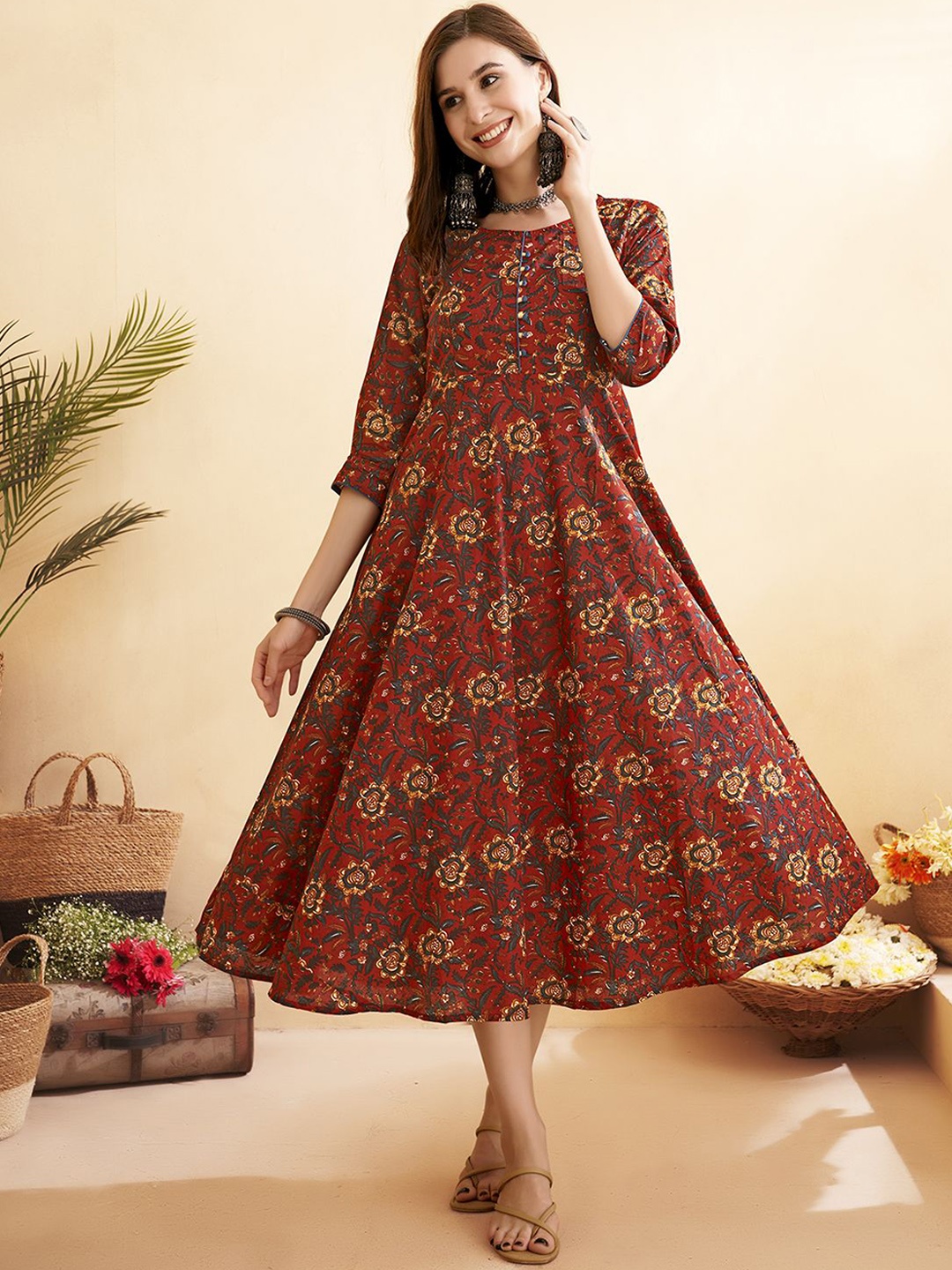 

Anouk Women Floral Printed Flared Sleeves Thread Work Liva Anarkali Kurta, Maroon