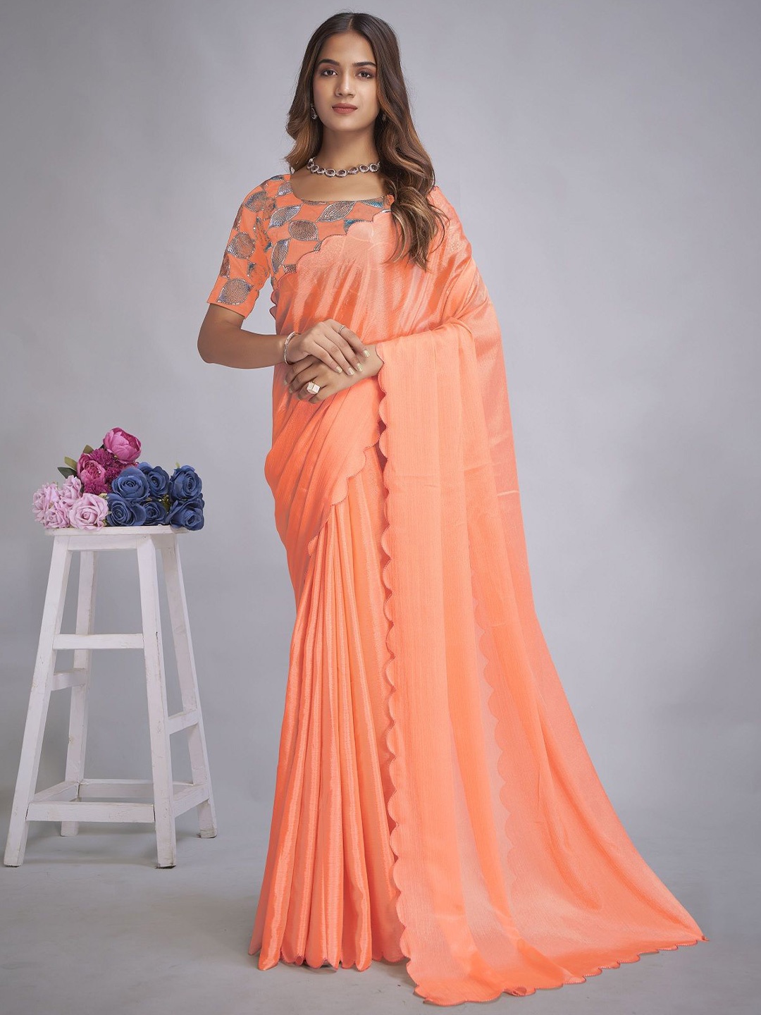 

APNISHA Embroidered Pure Chiffon Saree, Orange