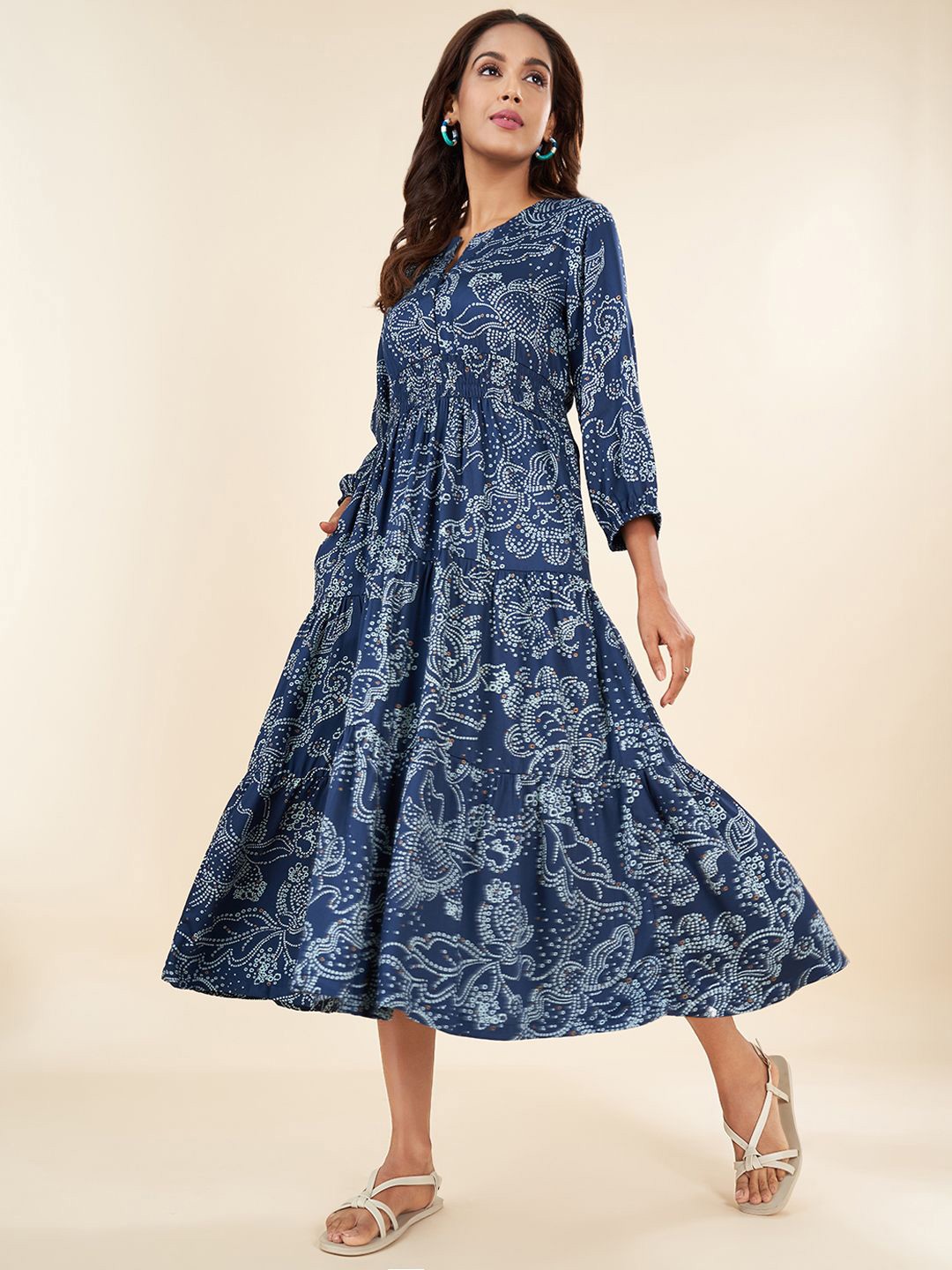 

AKKRITI BY PANTALOONS Floral Print Fit & Flare Midi Dress, Navy blue