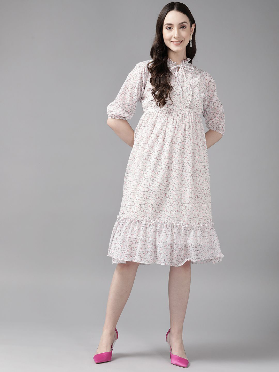 

BAESD Printed Tie-Up Neck Puff Sleeves A-Line Dress, White