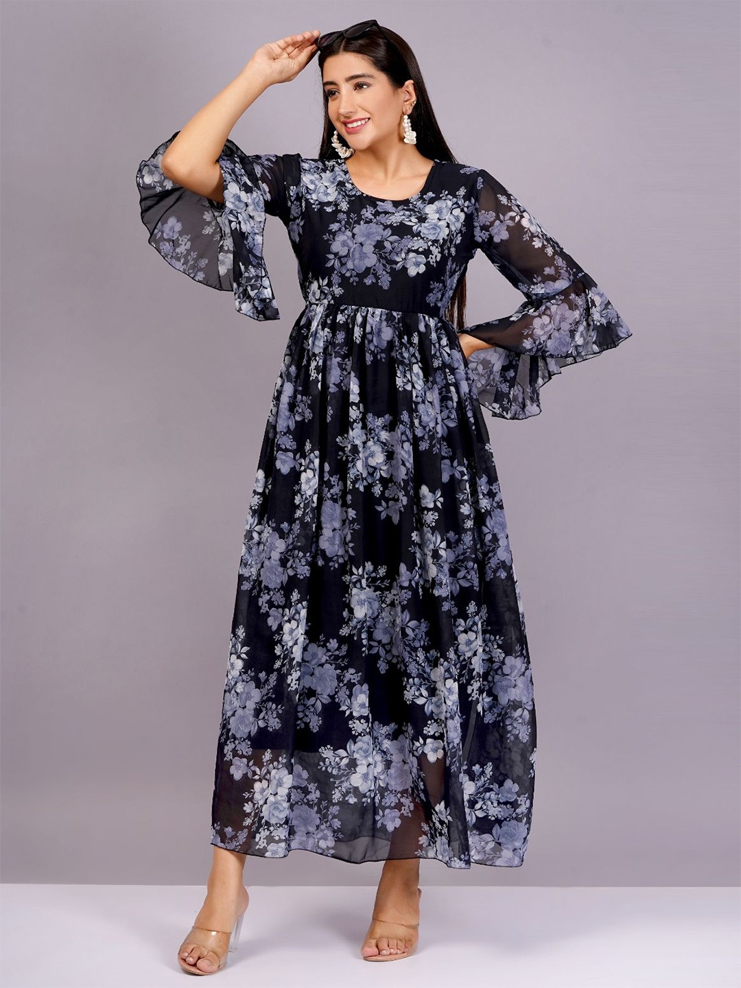 

KALINI Floral Print Bell Sleeve Georgette Maxi Dress, White