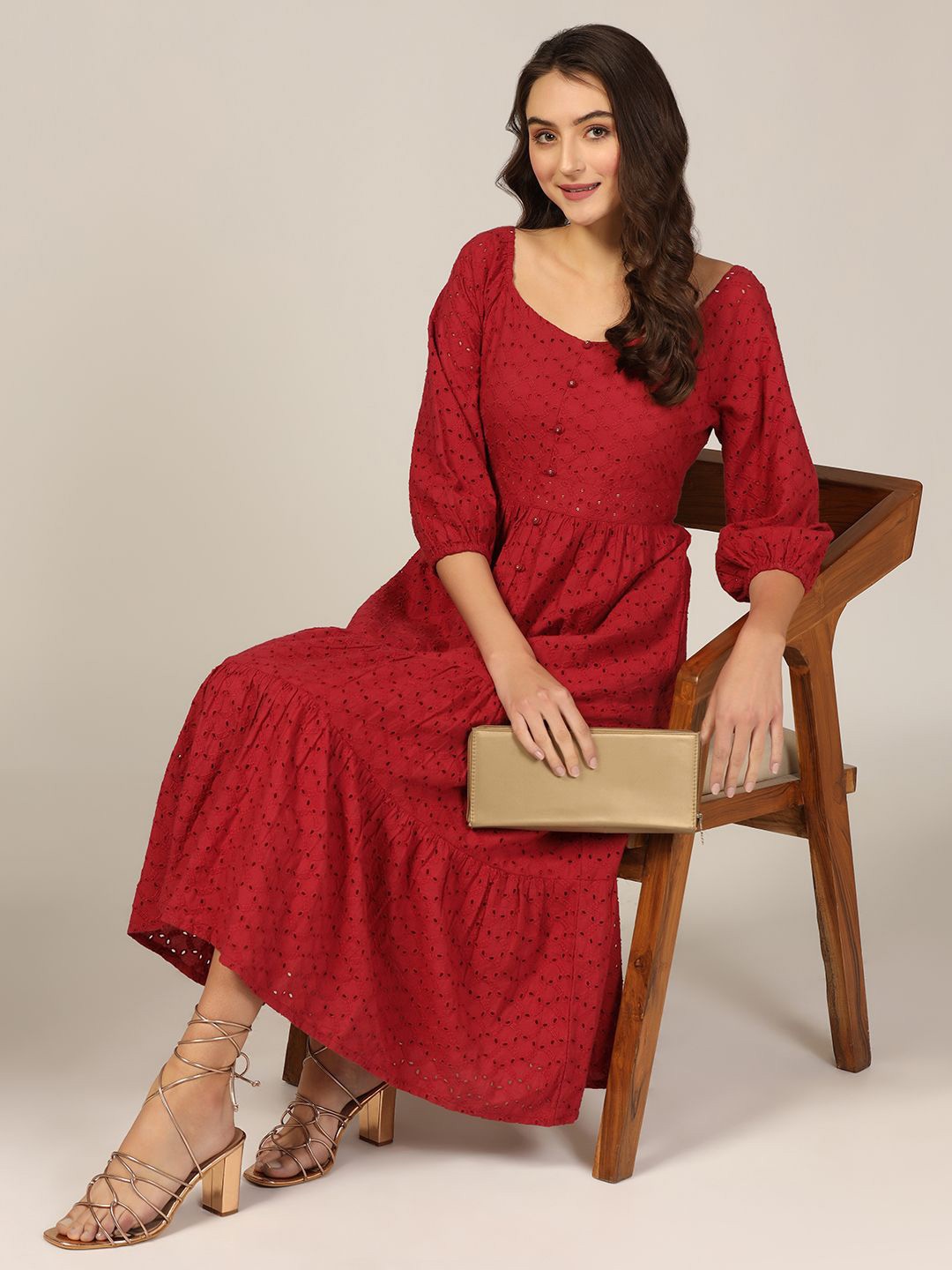 

Mustard Puff Sleeve A-Line Midi Dress, Maroon