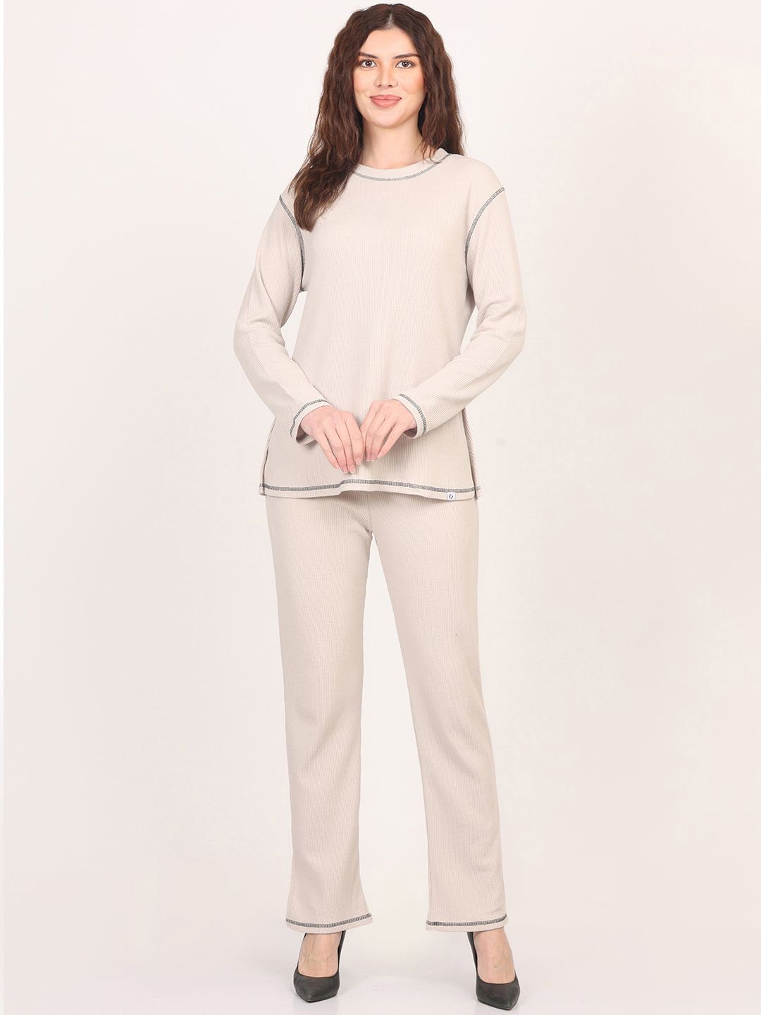 

Nimble Round Neck Pure Cotton Top & Trousers, Beige