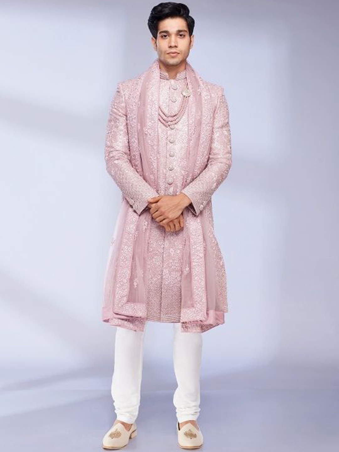 

Twamev Embroidered Zari Mandarin Collar Sherwani Set, Pink