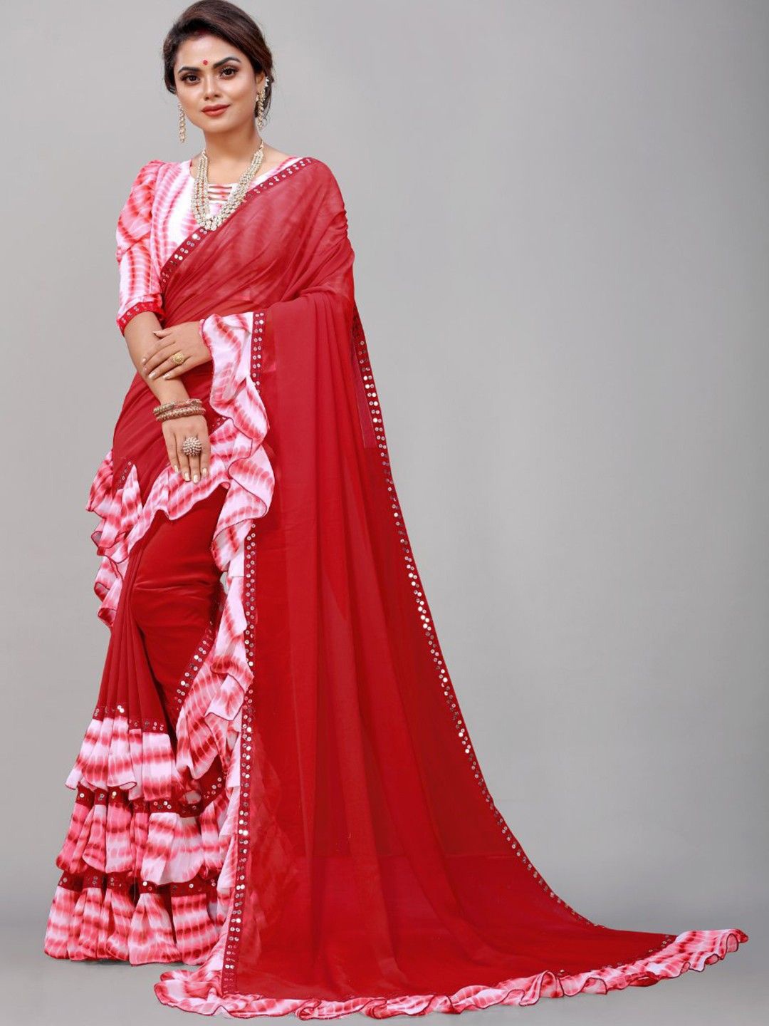 

JULEE Sequinned Pure Georgette Saree, Red