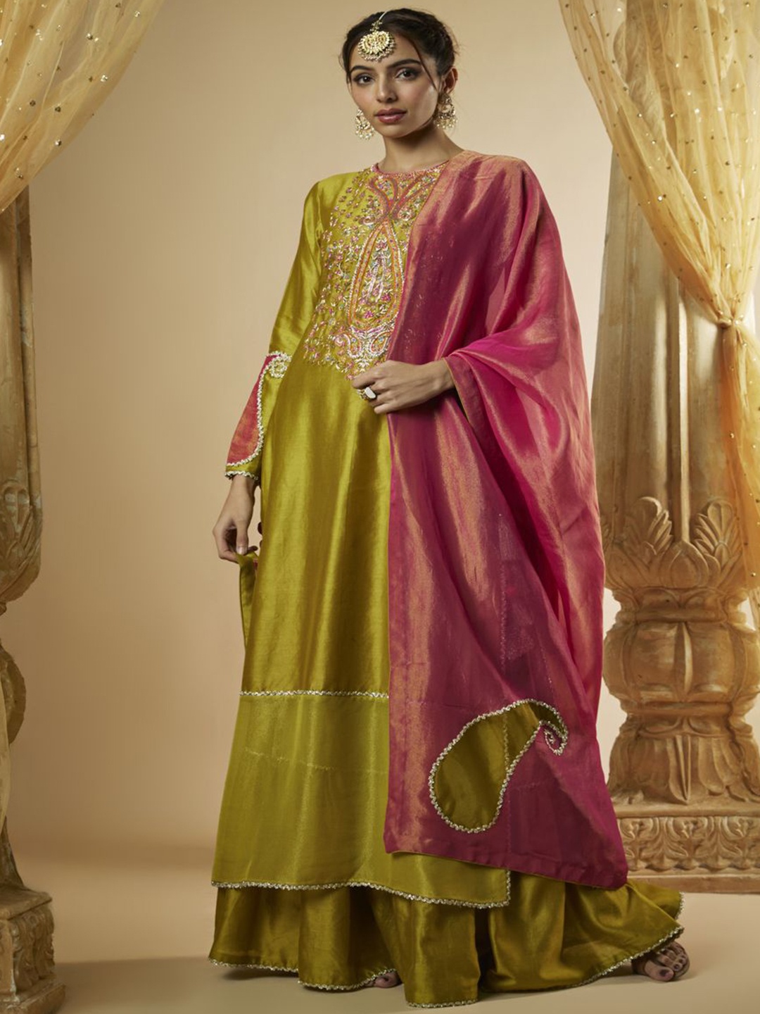 

The Aarya Floral Embroidered Zardozi Straight Kurta With Trousers & Dupatta, Olive